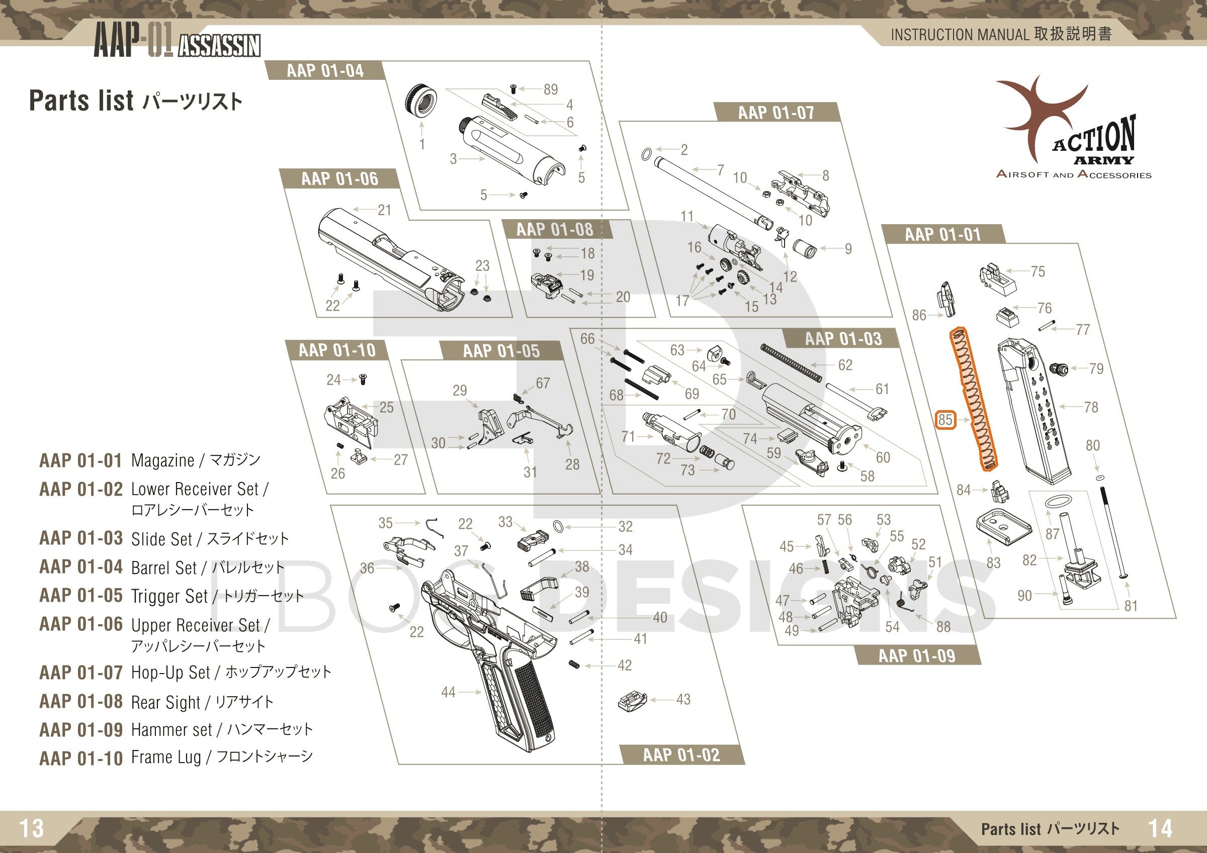 Full Action Army AAP-01 parts diagram showing where the magazine spring (part 85) fits