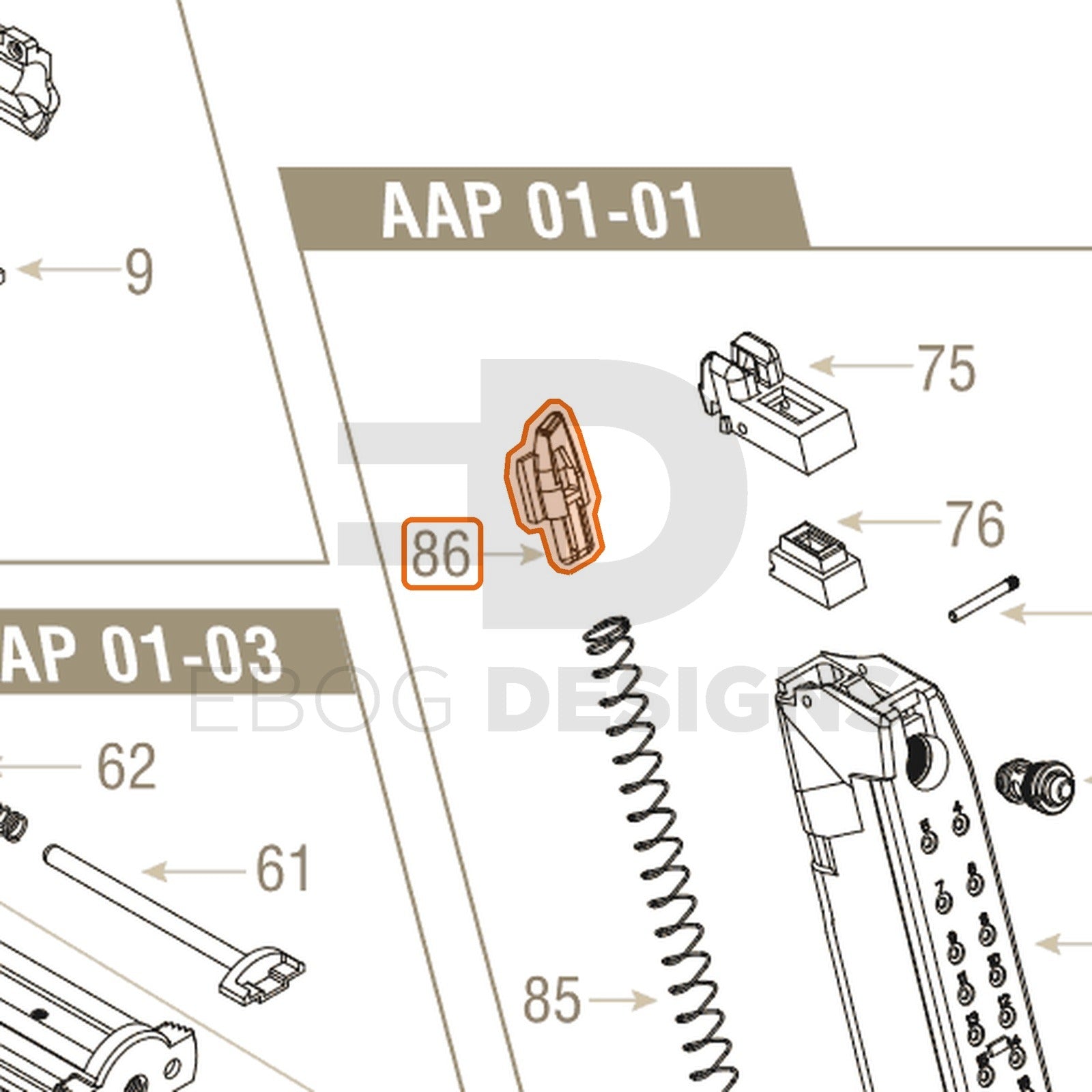 Action Army AAP-01 parts diagram with the magazine follower, part 86, outlined