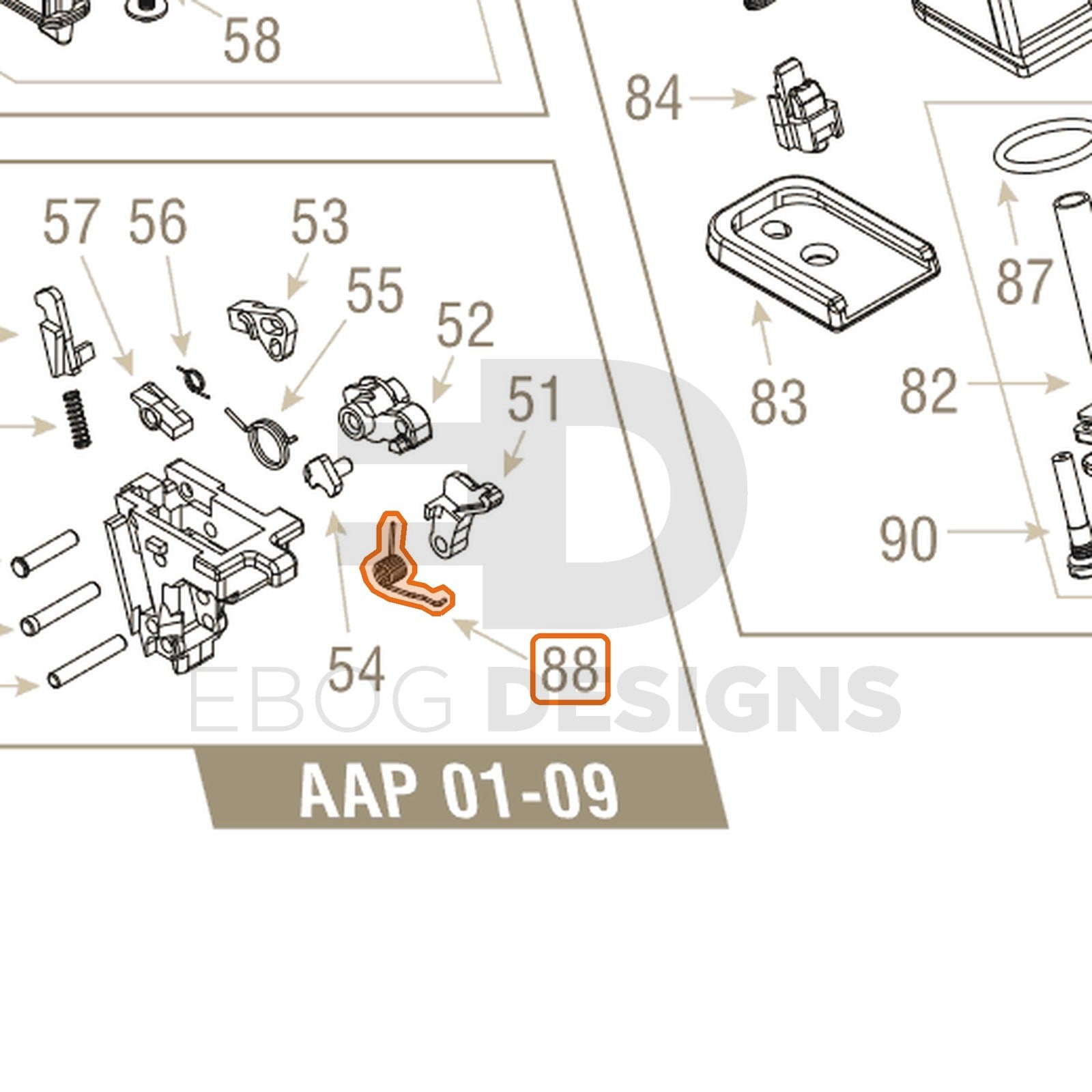 Action Army AAP-01 parts diagram with the hammer sear spring, part 88, outlined
