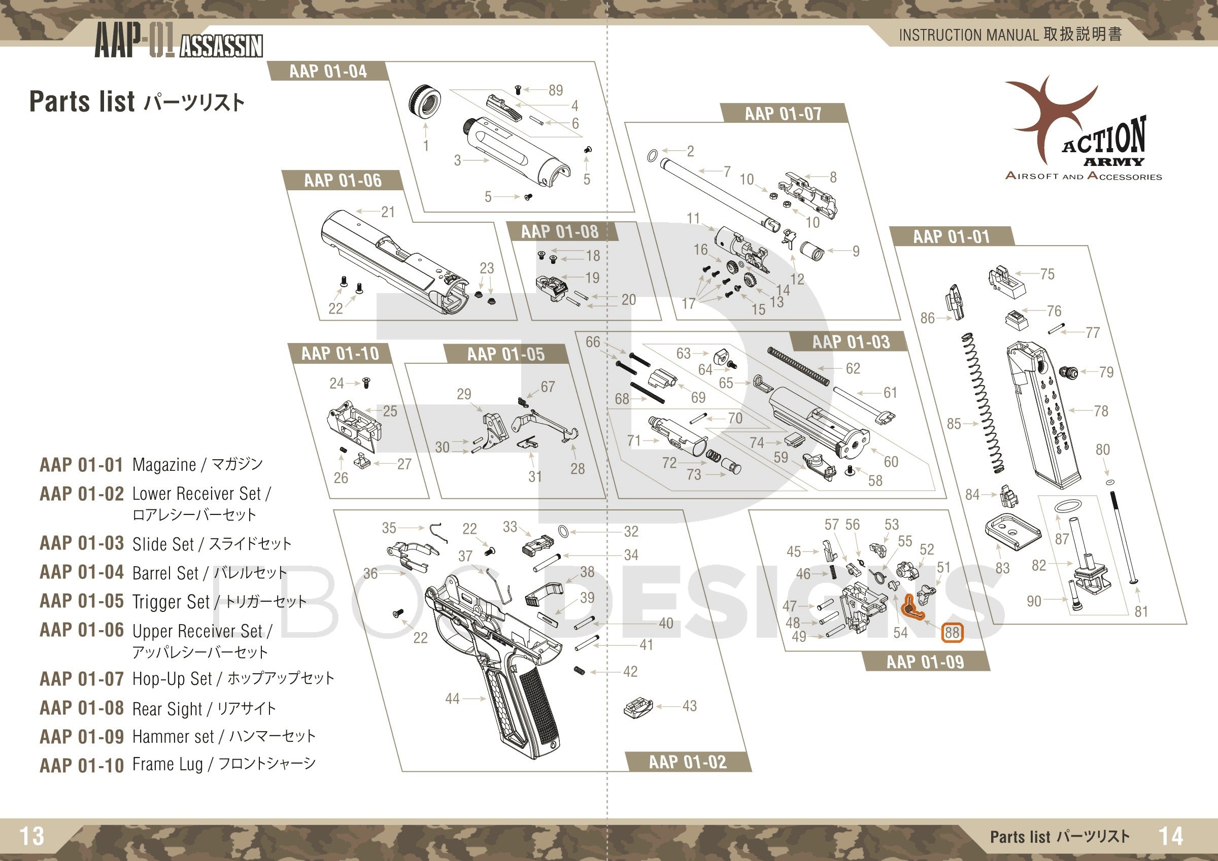 Full Action Army AAP-01 parts diagram showing where the hammer sear spring (part 88) fits