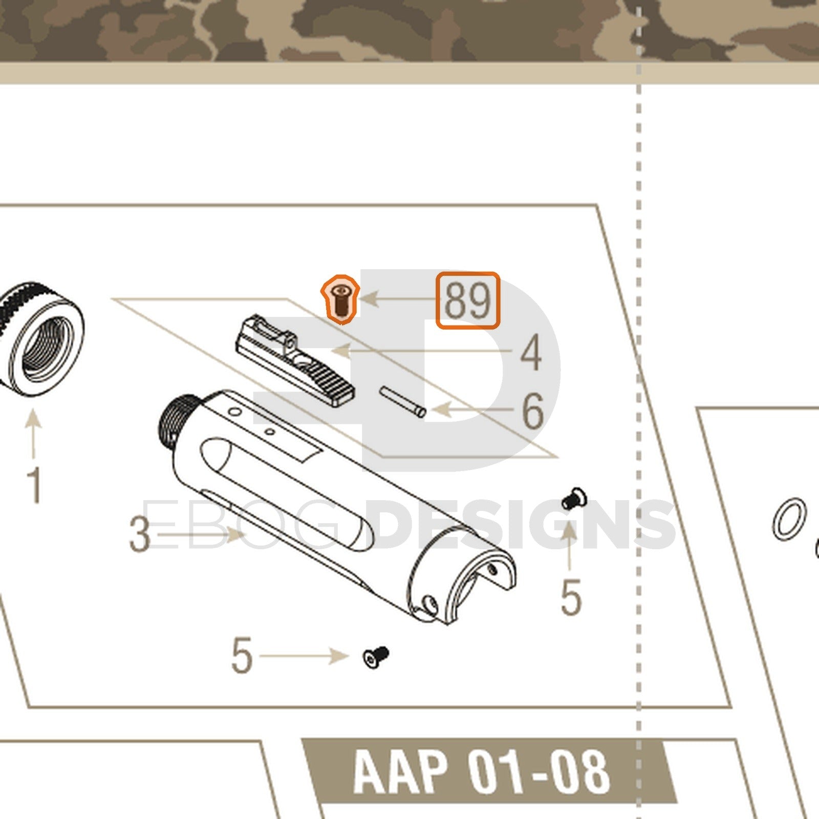 Action Army AAP-01 parts diagram with the front sight screw, part 89, outlined