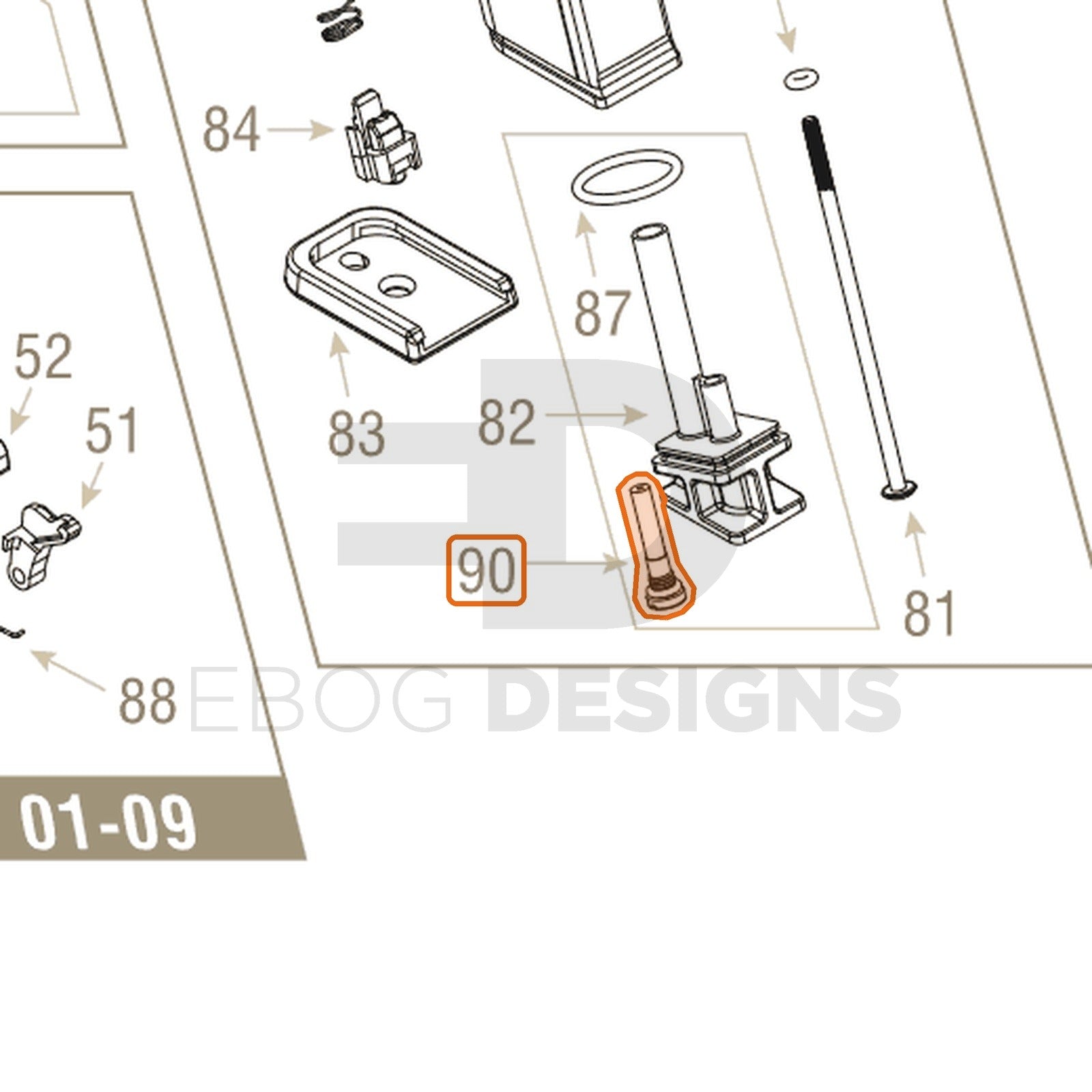 Action Army AAP-01 parts diagram with the inlet valve, part 90, outlined