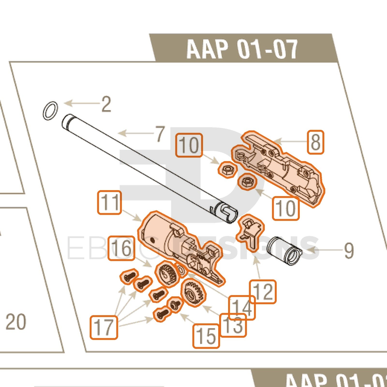Action Army AAP-01 parts diagram with the complete hop chamber, parts 8, 10, 11, 12, 13, 14, 15, 16 and 17, outlined