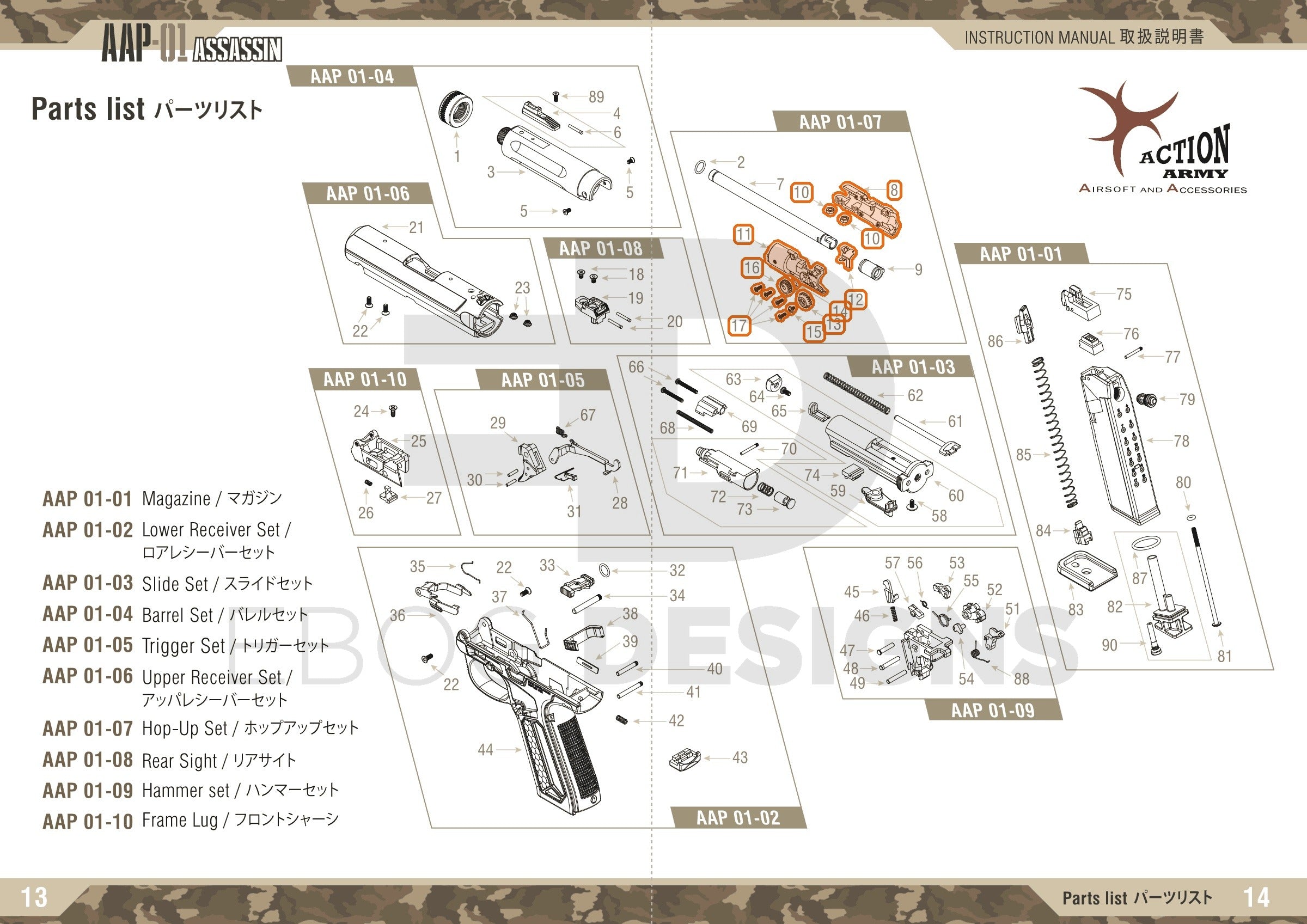 Full Action Army AAP-01 parts diagram showing where the complete hop chamber (parts 8, 10, 11, 12, 13, 14, 15, 16 and 17) fits