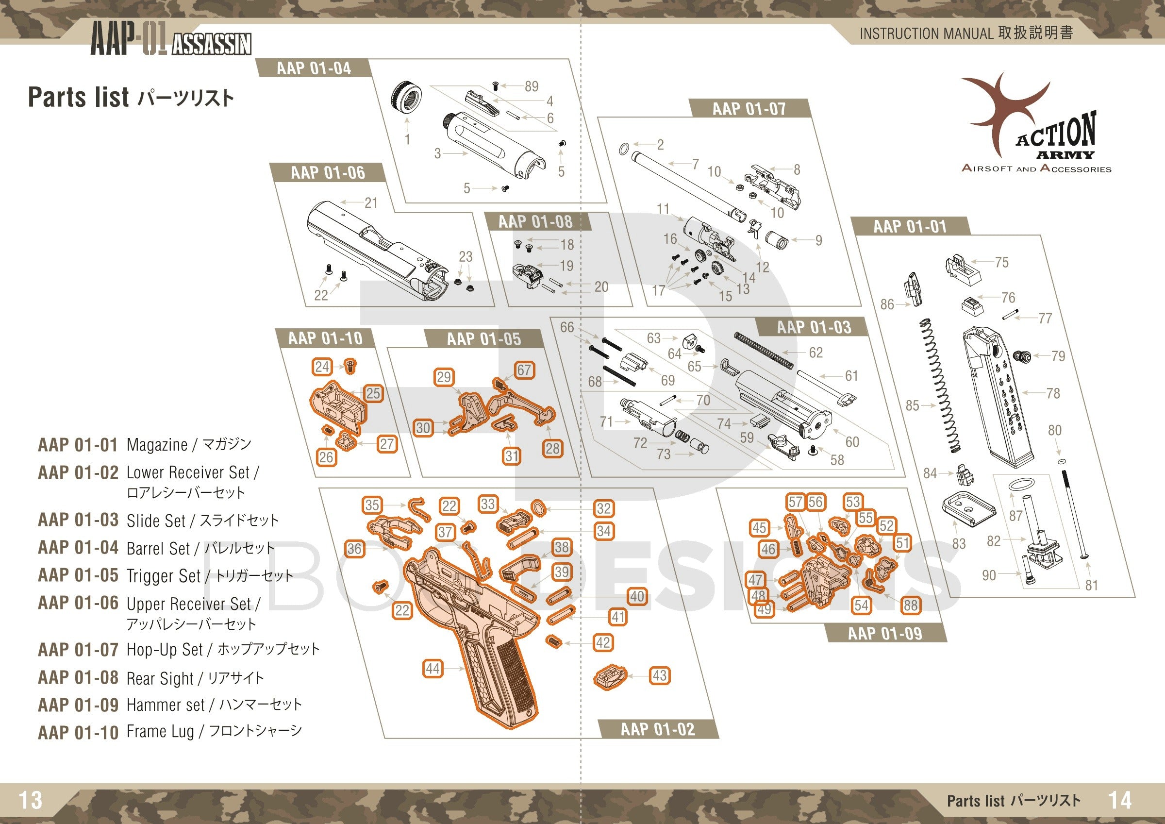 Full Action Army AAP-01 parts diagram showing where the complete lower (every part in the lower receiver, frame lug, trigger and hammer sets) fits