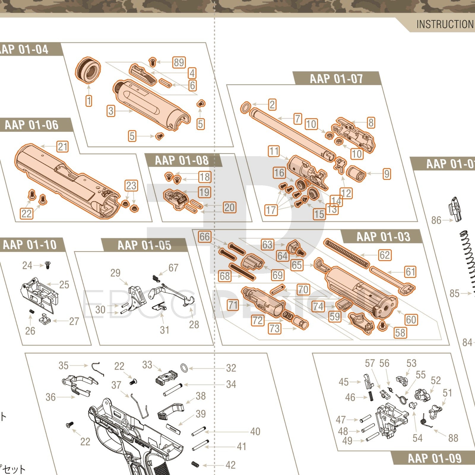 Action Army AAP-01 parts diagram with the complete upper, every part in the upper receiver, slide, barrel, hop-up and rear sight sets, outlined