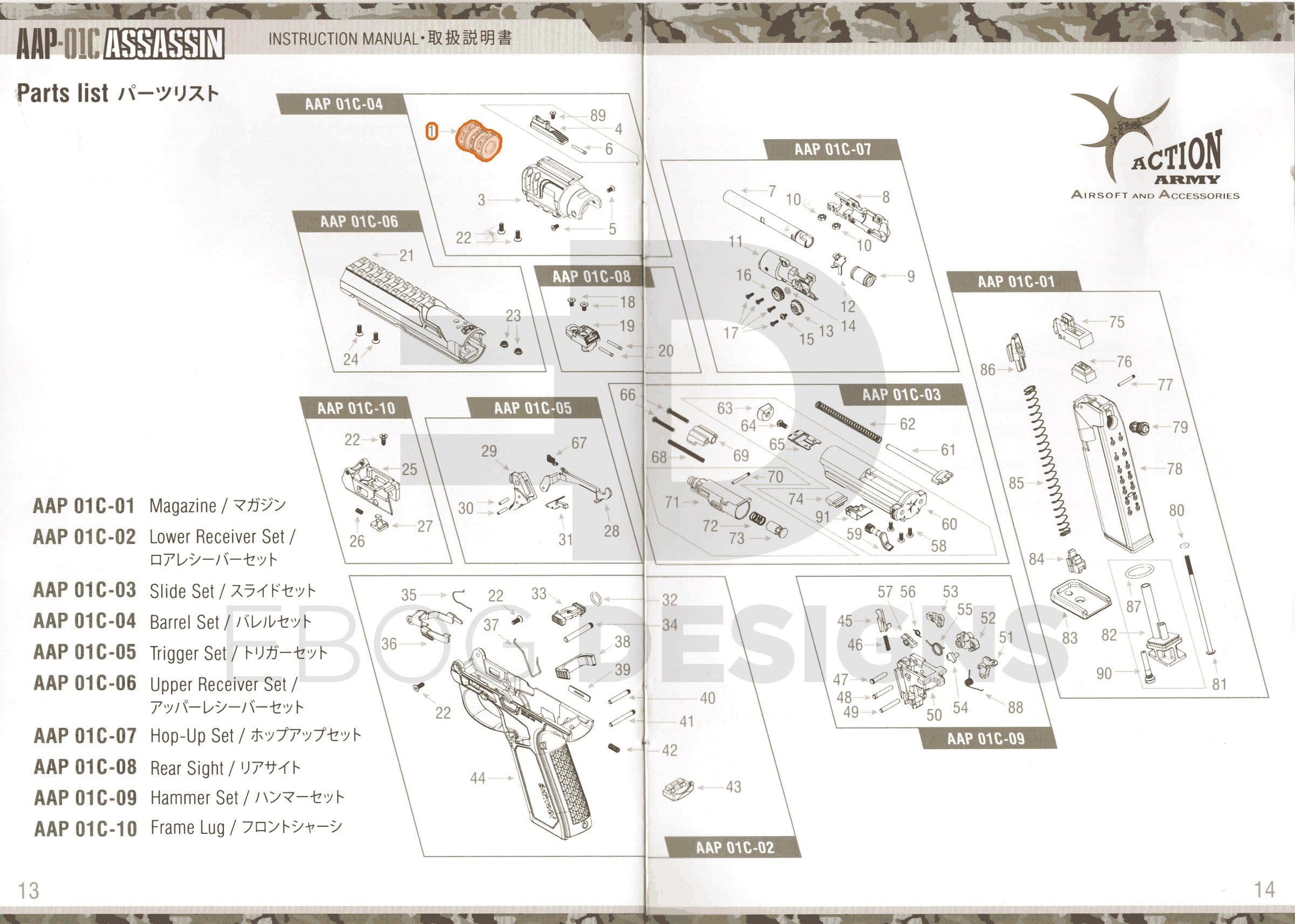 Full Action Army AAP-01C parts diagram showing where the outer barrel cap (part 1) fits