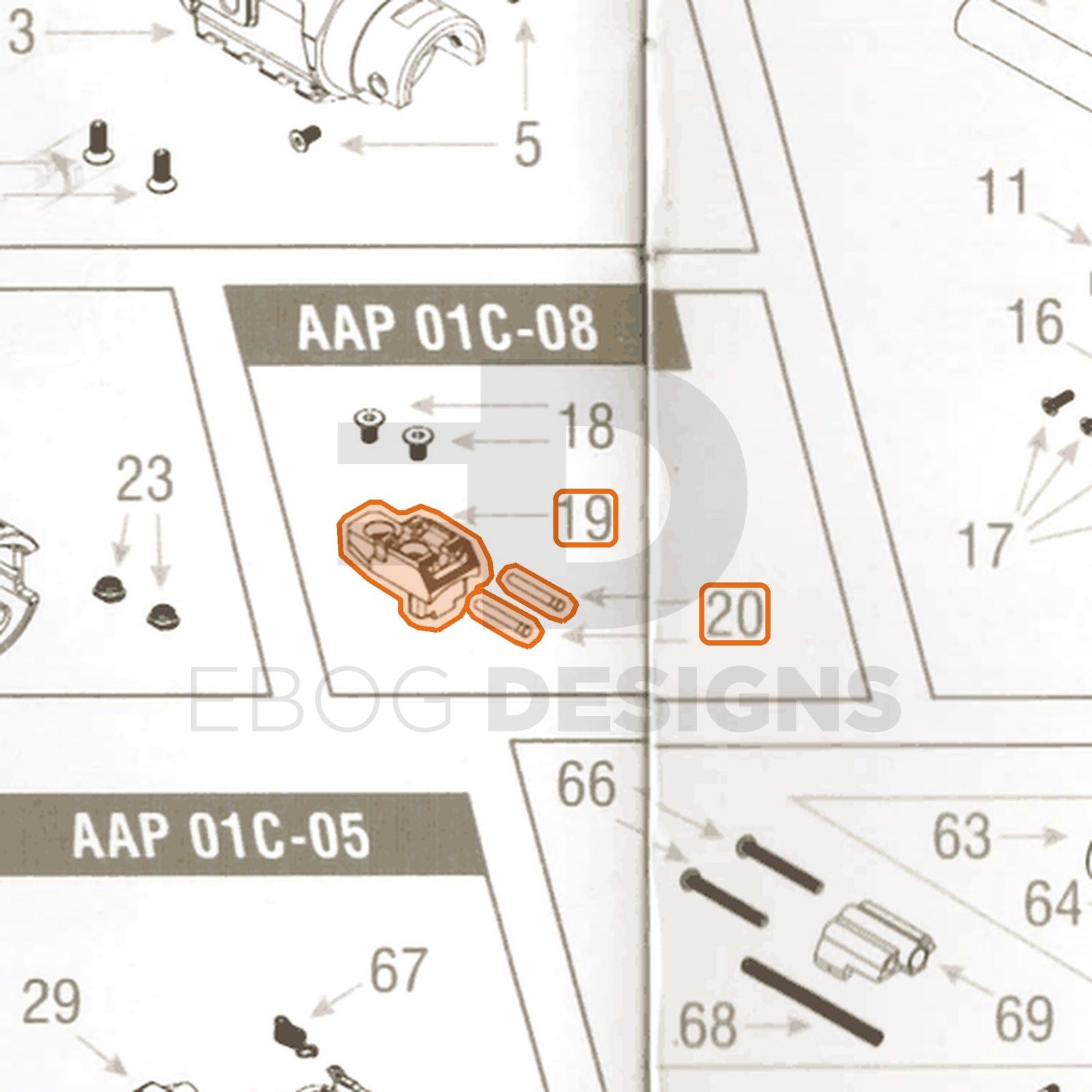 Action Army AAP-01C parts diagram with the rear sight (metal), parts 19 and 20, outlined
