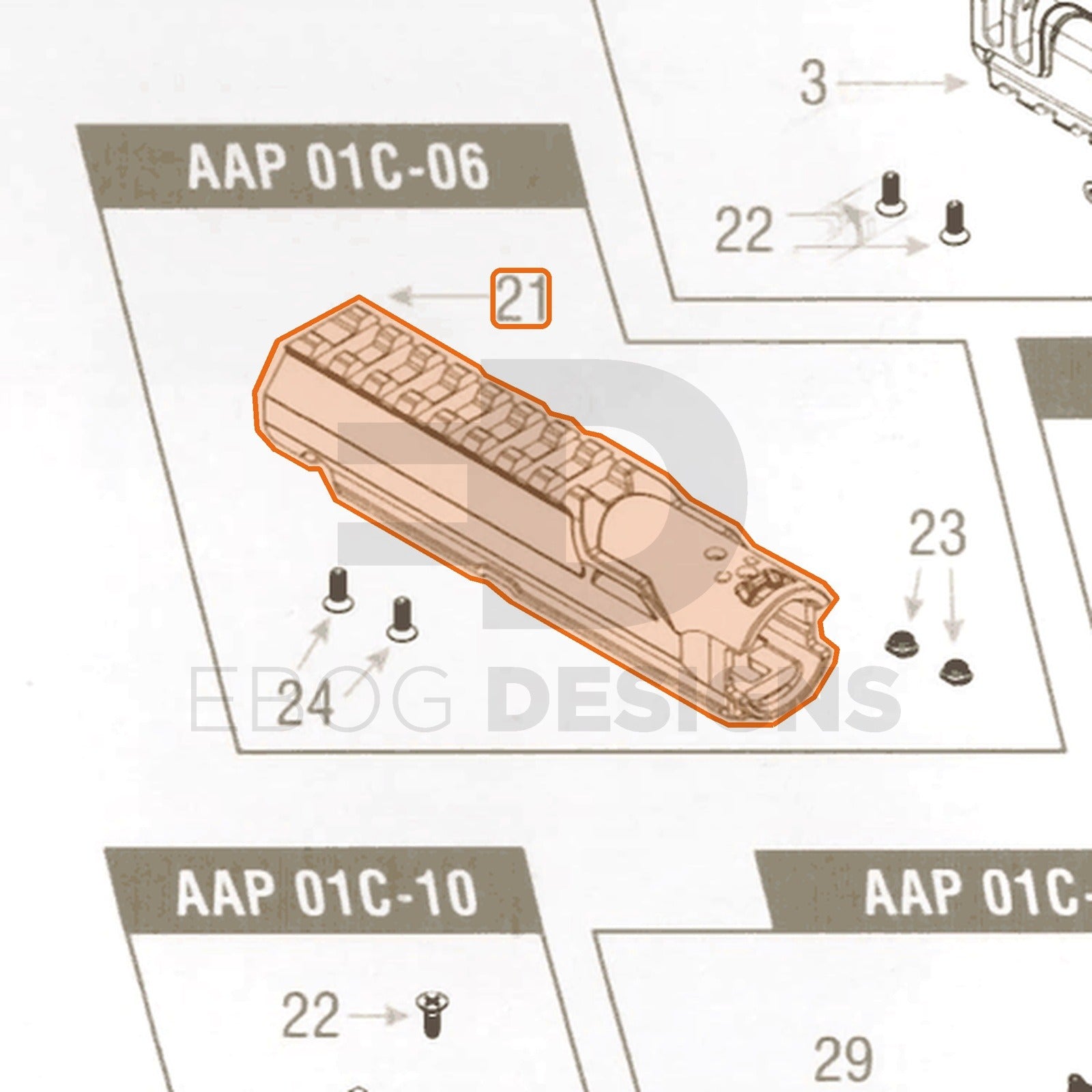 Action Army AAP-01C parts diagram with the receiver, part 21, outlined