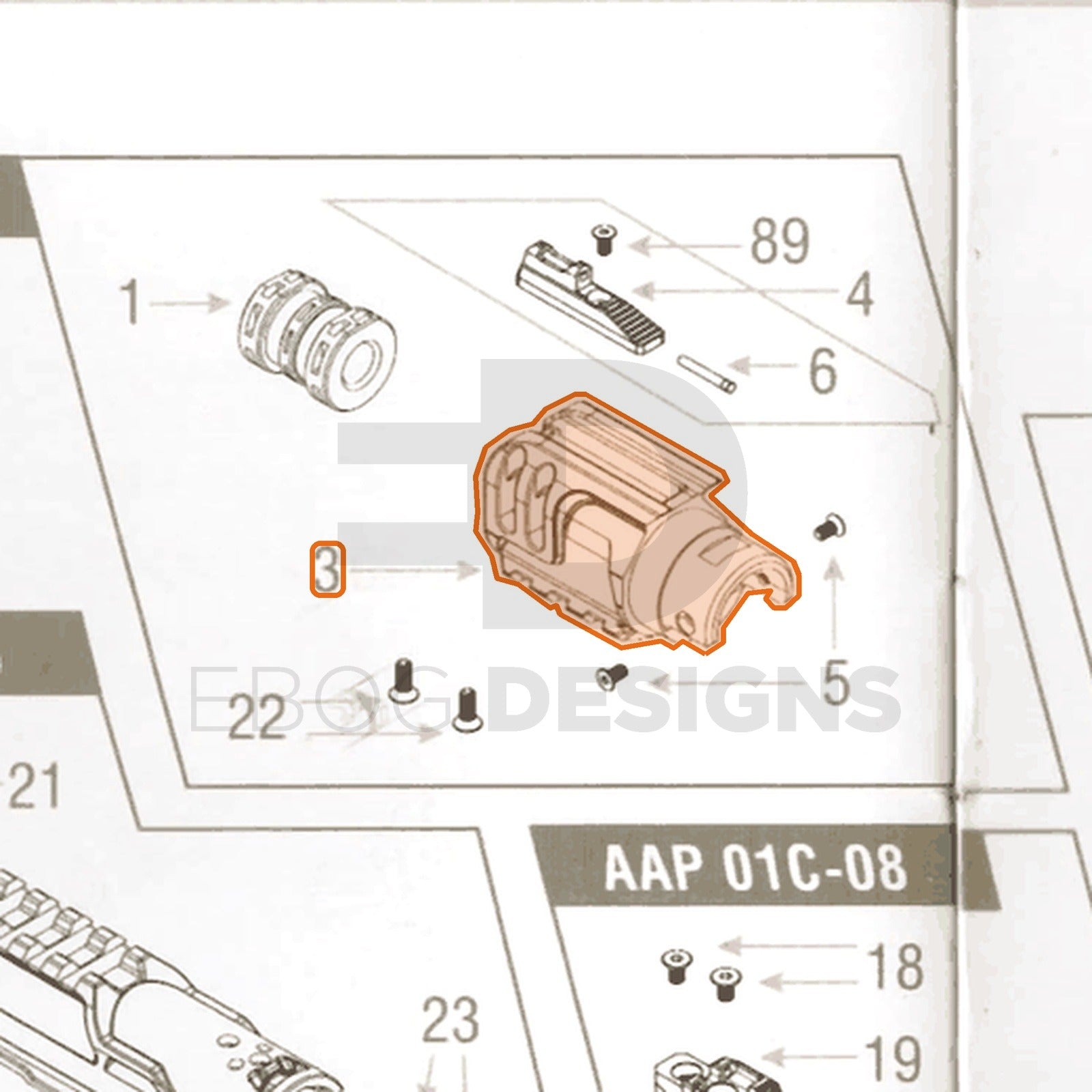 Action Army AAP-01C parts diagram with the outer barrel, part 3, outlined