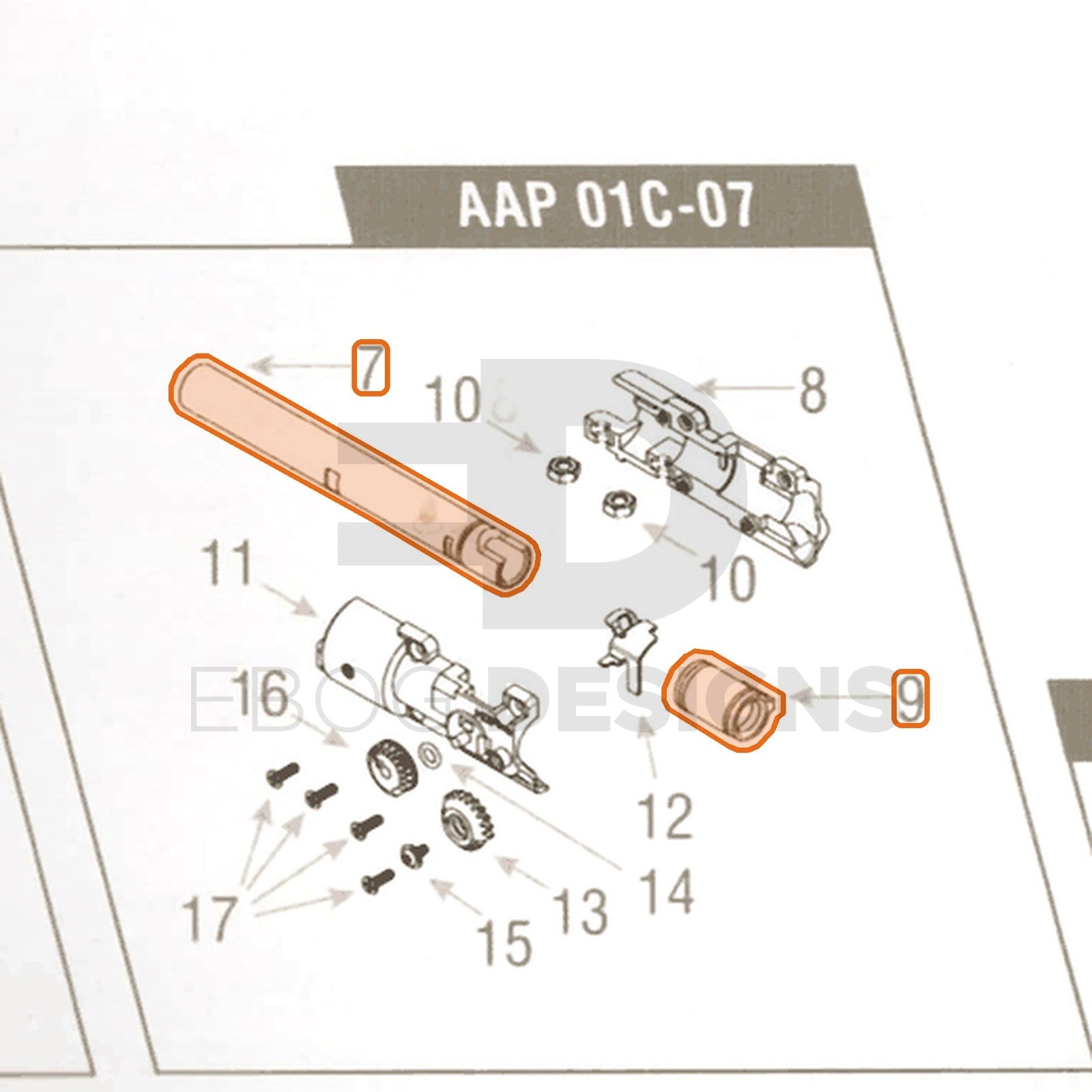 Action Army AAP-01C parts diagram with the barrel and bucking, parts 7 and 9, outlined
