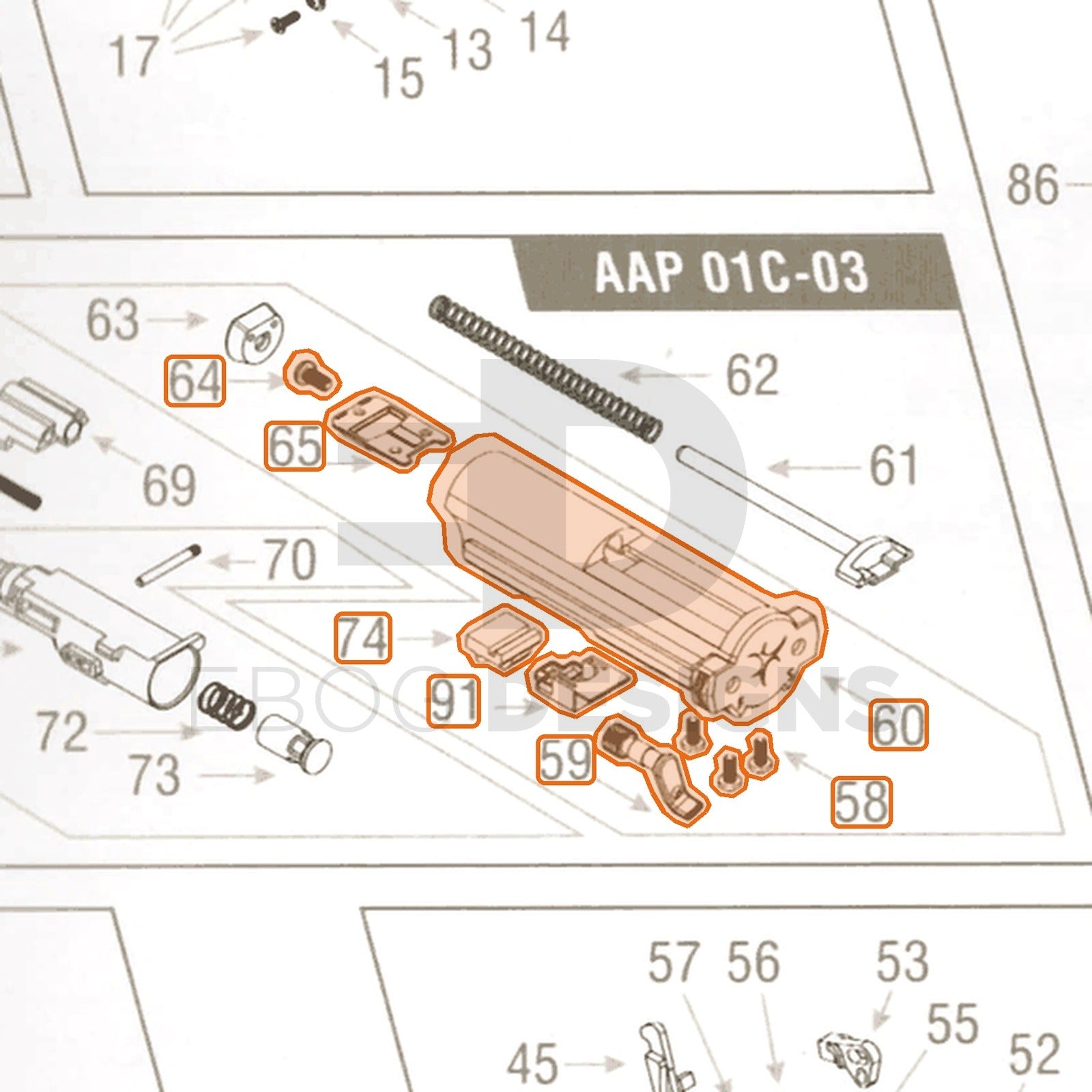 Action Army AAP-01C parts diagram with the blowback housing and selector set, parts 58, 59, 60, 64, 65, 74 and 91, outlined