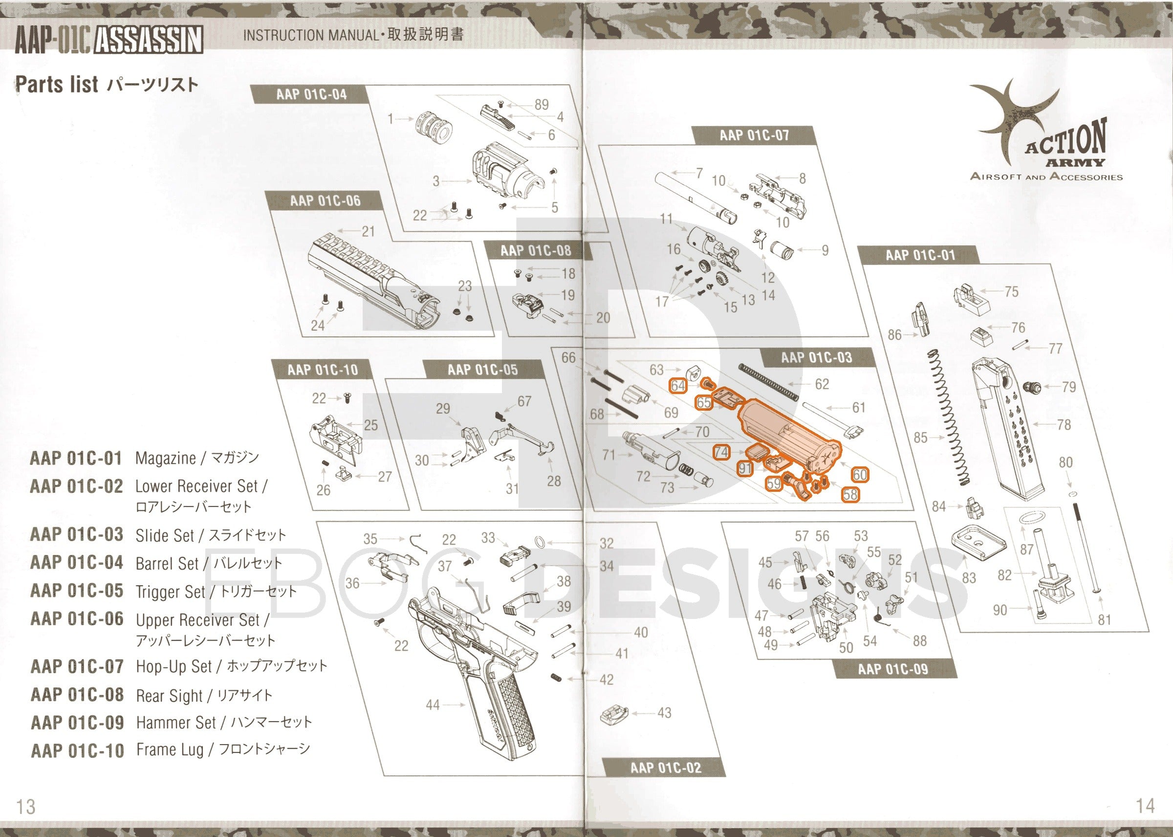 Full Action Army AAP-01C parts diagram showing where the blowback housing and selector set (parts 58, 59, 60, 64, 65, 74 and 91) fits