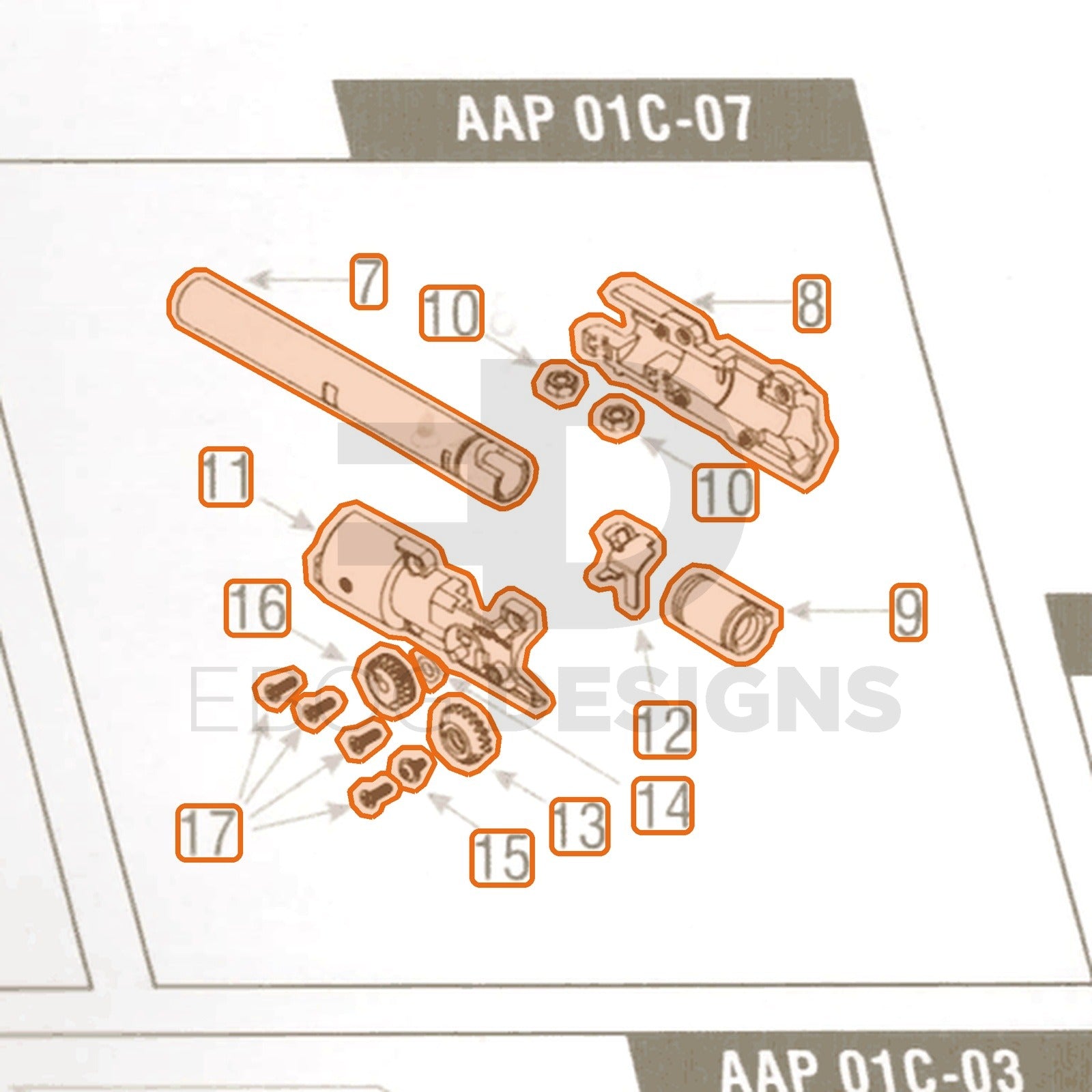 Action Army AAP-01C parts diagram with the complete hop chamber and barrel set, parts 7 to 17, outlined