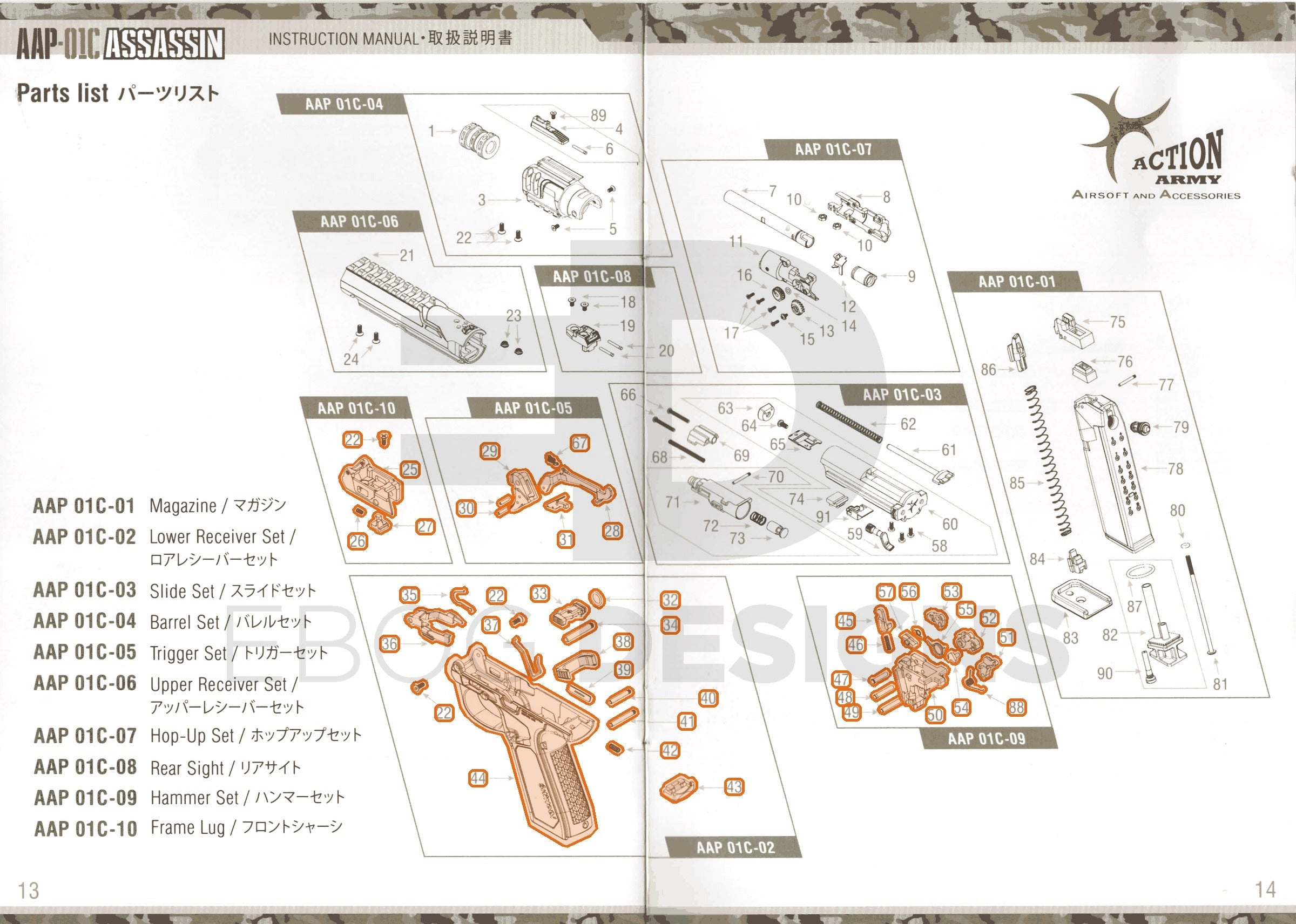 Full Action Army AAP-01C parts diagram showing where the complete lower (every part in the lower receiver, frame lug, trigger and hammer sets) fits