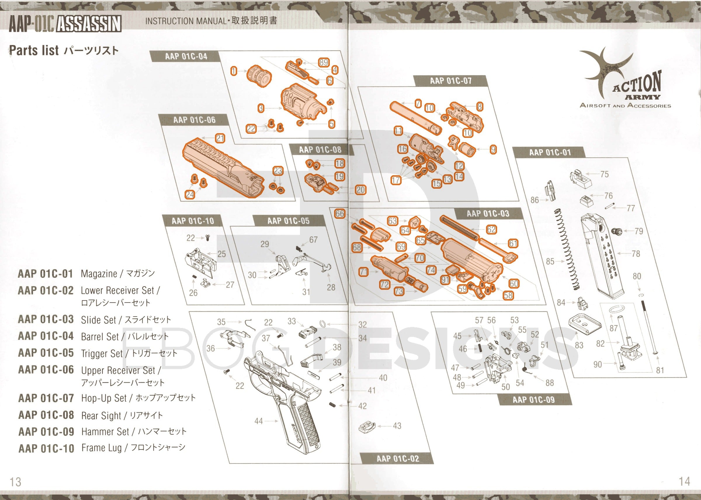 Full Action Army AAP-01C parts diagram showing where the complete upper (every part in the upper receiver, slide, barrel, hop-up and rear sight sets) fits