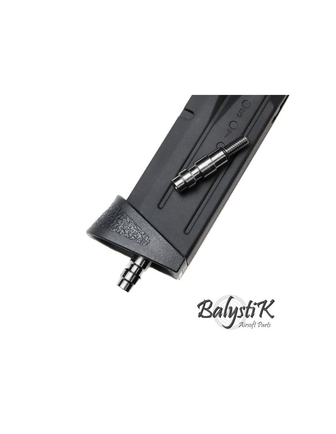 Balystik silver HPA connector, shown loose and fitted to the base of a WE / KJ Works gas magazine as a US Foster male nipple