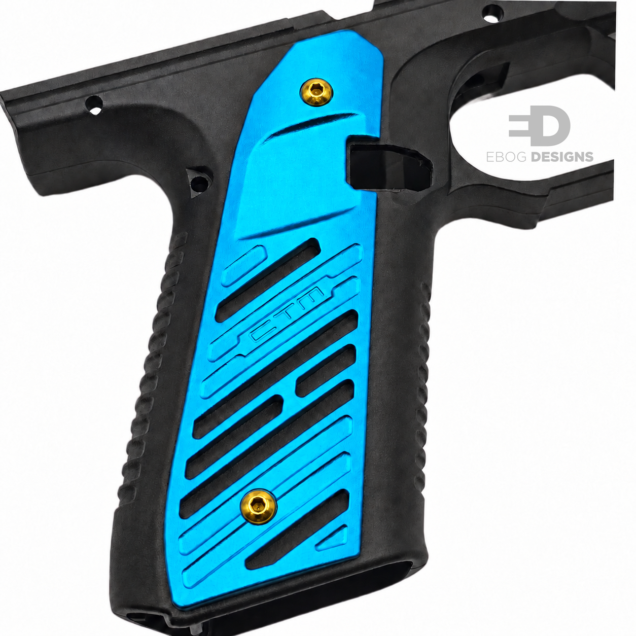 Ebog Designs AAP-01 grip screws for CTM panels, gold, fitted to a blue CTM grip panel