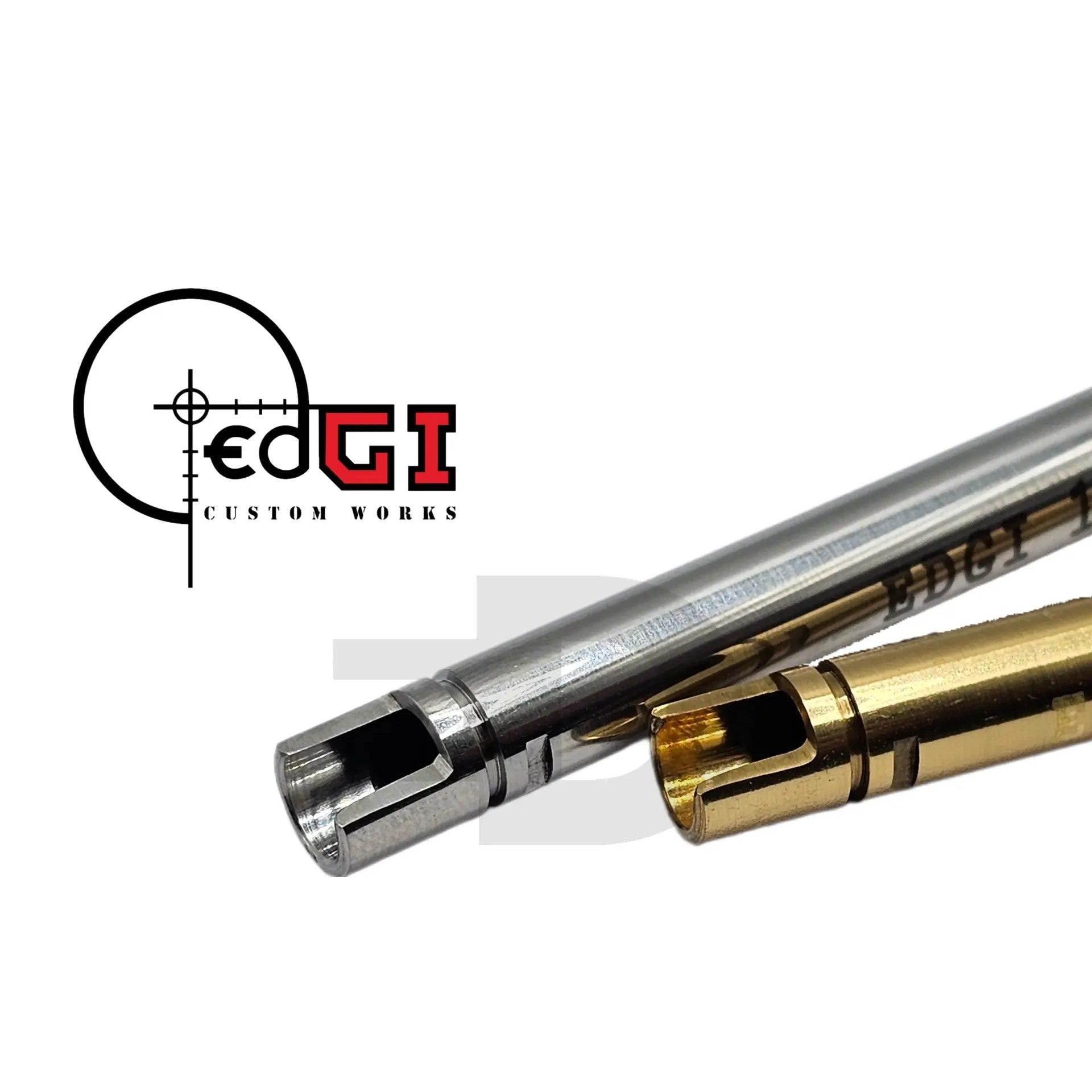 Edgi Custom Works GBB-cut precision inner barrels, shown chamber-end in steel and brass