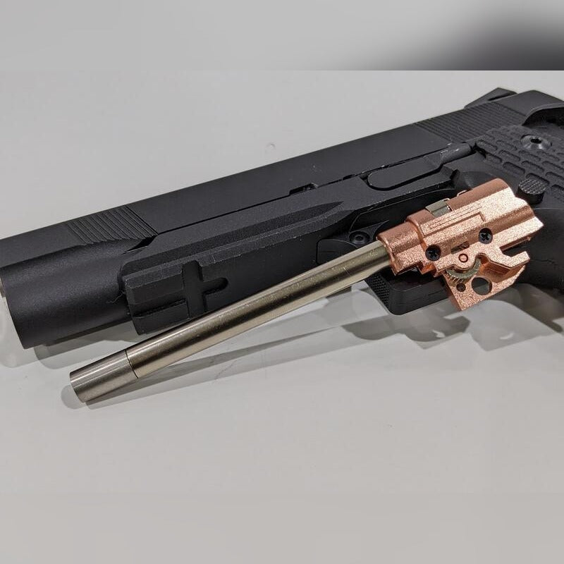 Maple Leaf Hi-Capa hop-up chamber with Crazy Jet inner barrel, fitted to a Hi-Capa frame