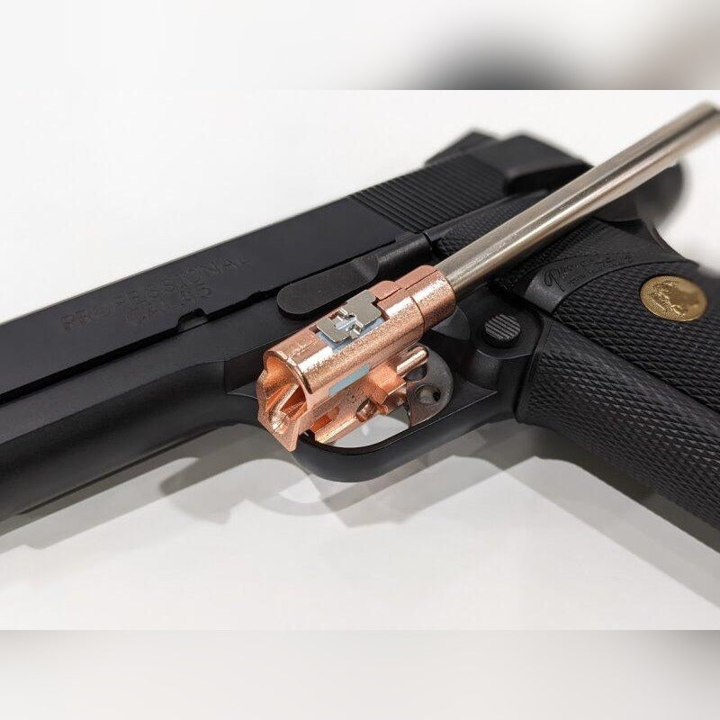 Maple Leaf M1911 hop-up chamber and Crazy Jet inner barrel set, side view in an M1911 frame