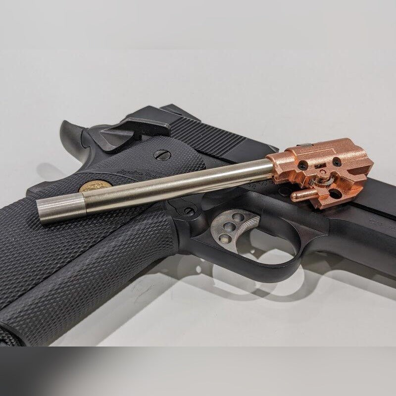 Maple Leaf M1911 hop-up chamber with Crazy Jet inner barrel, fitted to an M1911 frame