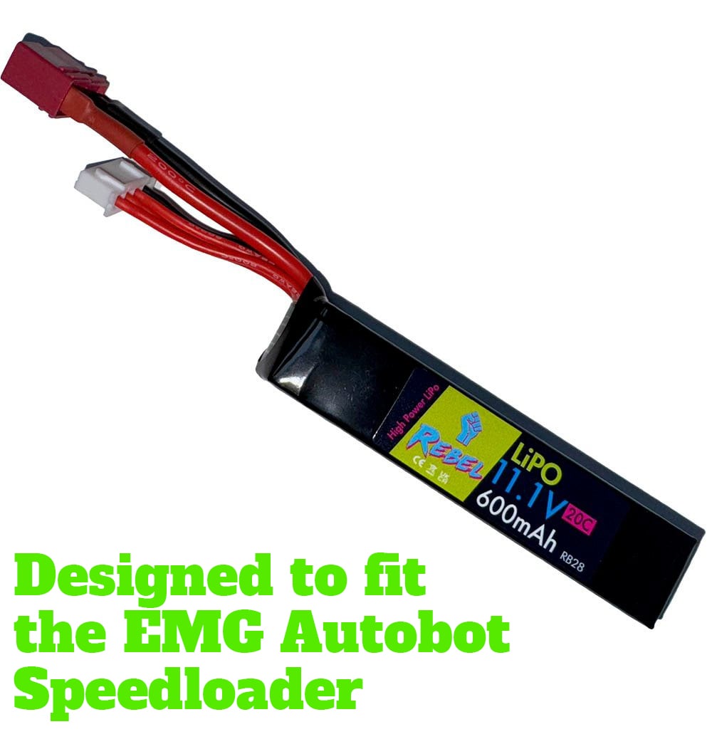 Rebel 600mAh 11.1v PDW LiPo battery with Deans connector, designed to fit the EMG Autobot speedloader