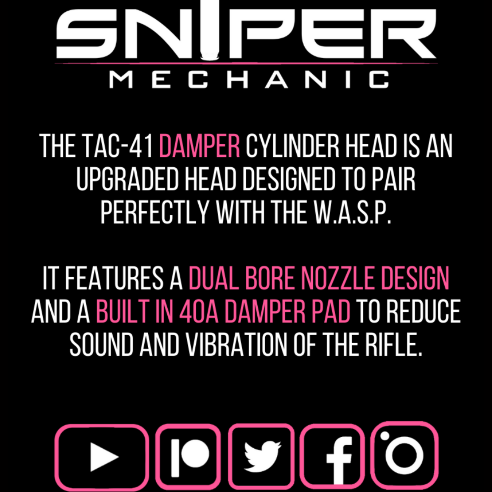 Sniper Mechanics TAC-41 damper cylinder head product card: dual bore nozzle design and built-in 40A damper pad