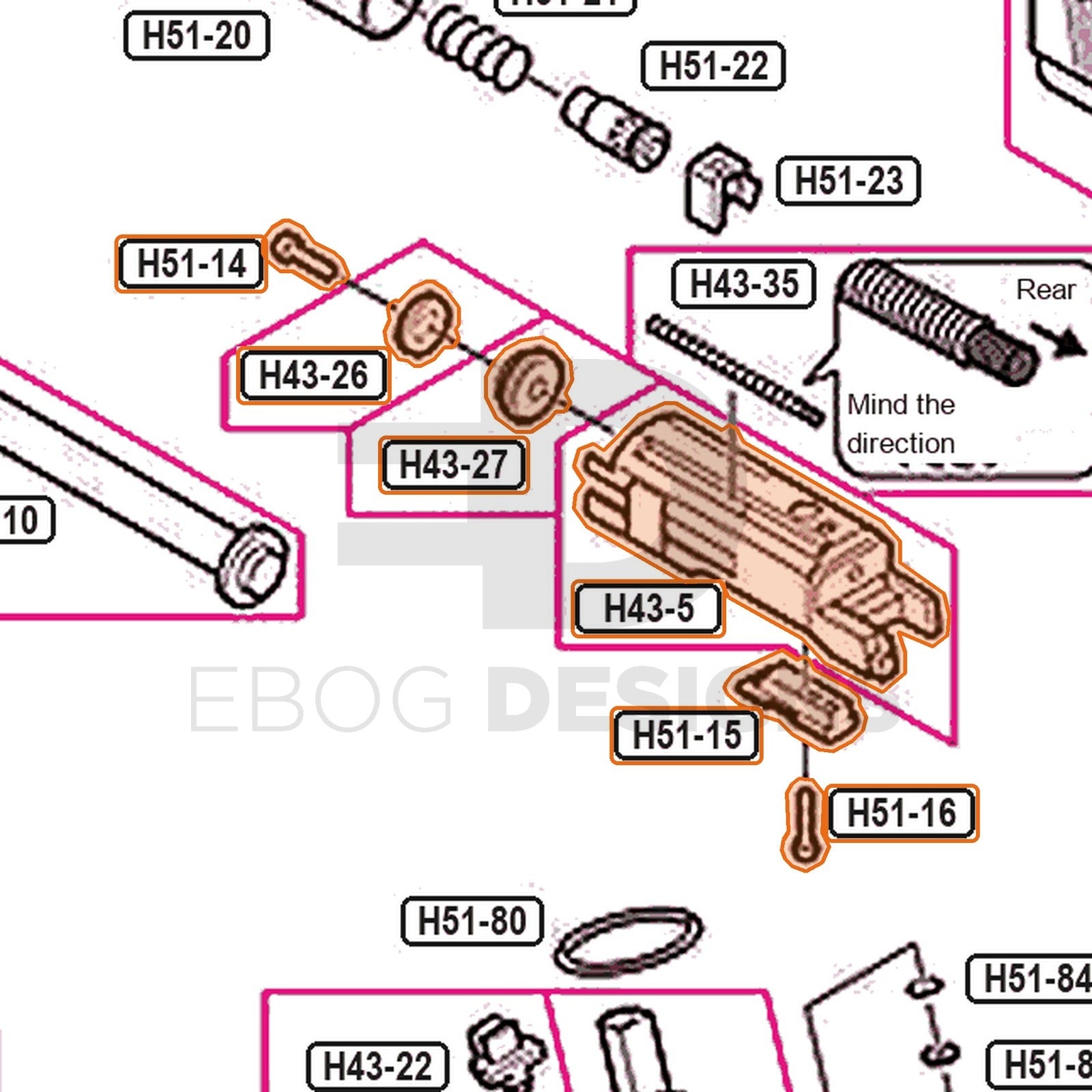 Tokyo Marui Hi-Capa 4.3 parts diagram with the 4.3 blowback unit set with piston head, parts H43-5, H51-14, H51-15, H51-16, H43-26 and H43-27, outlined