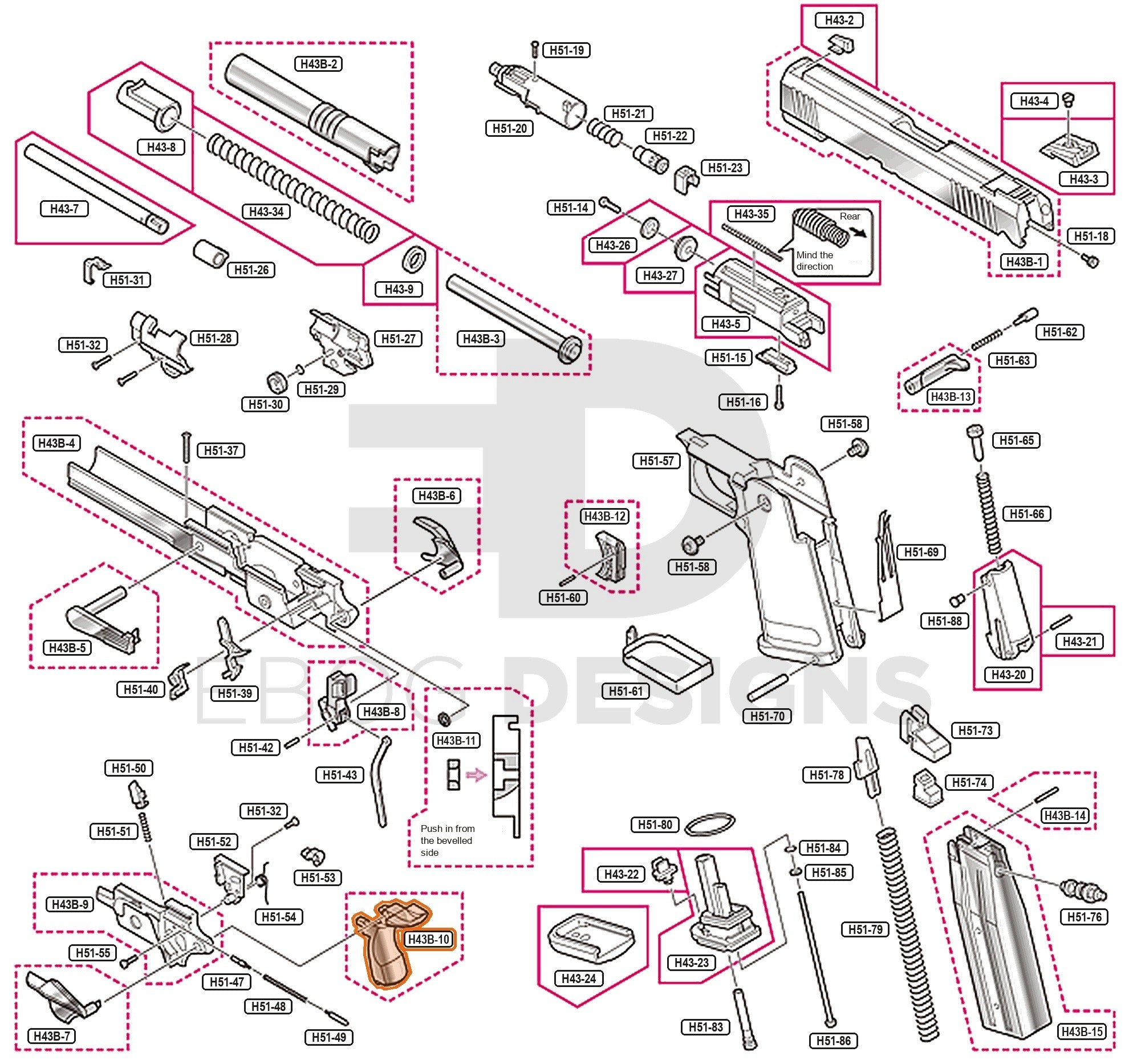 Full Tokyo Marui Hi-Capa 4.3 Dual Stainless parts diagram showing where the grip safety (part H43B-10) fits