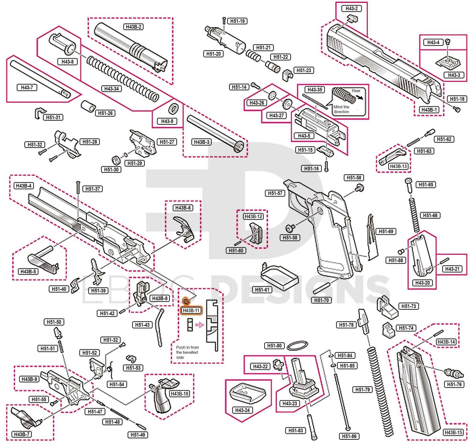 Full Tokyo Marui Hi-Capa 4.3 Dual Stainless parts diagram showing where the safety ring (part H43B-11) fits
