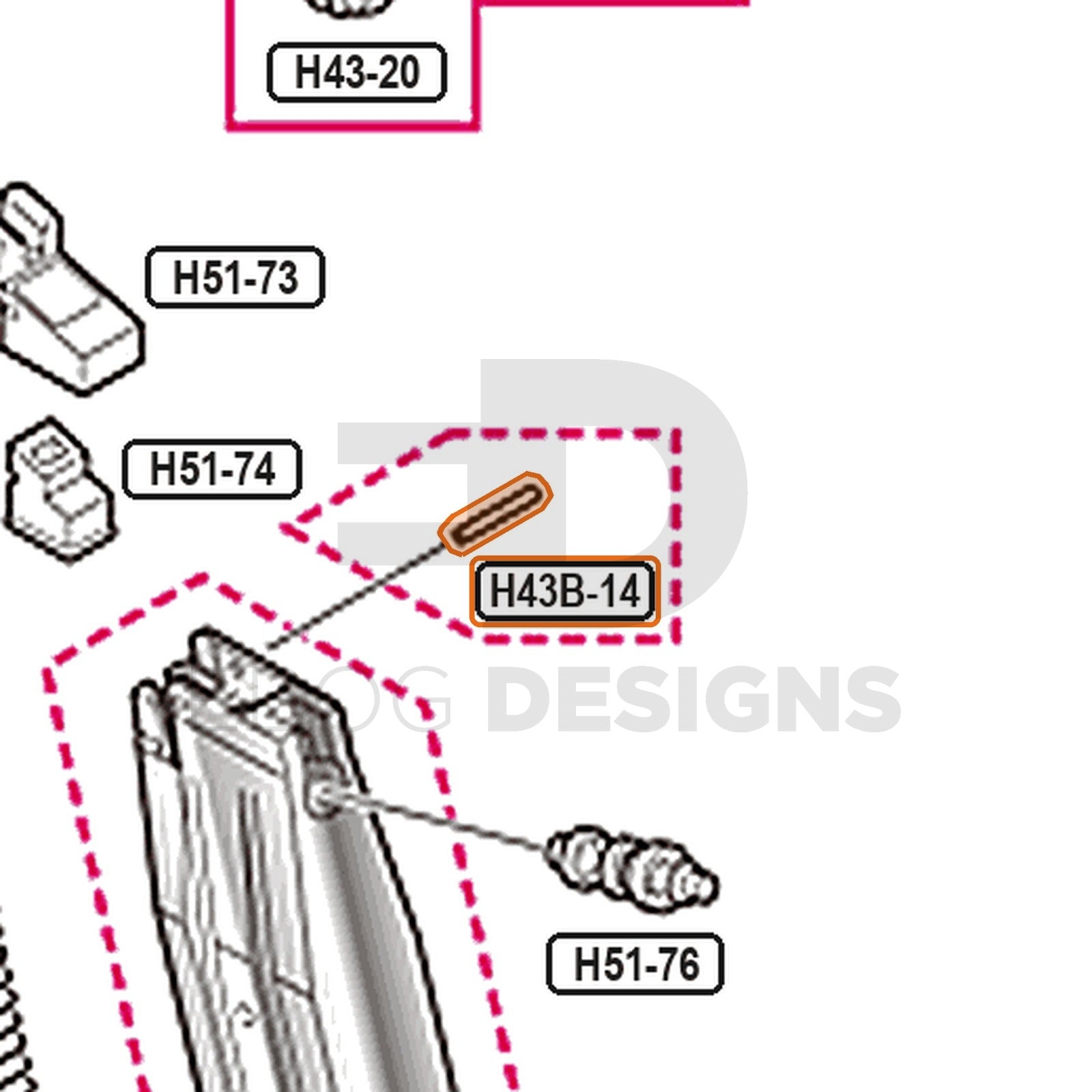 Tokyo Marui Hi-Capa 4.3 Dual Stainless parts diagram with the magazine shaft, part H43B-14, outlined