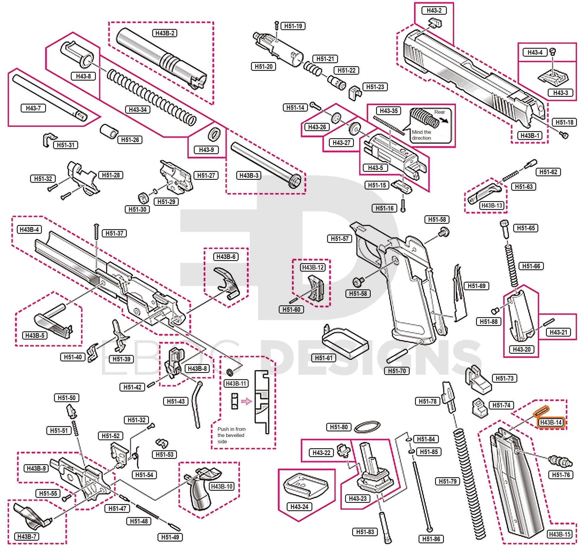 Full Tokyo Marui Hi-Capa 4.3 Dual Stainless parts diagram showing where the magazine shaft (part H43B-14) fits