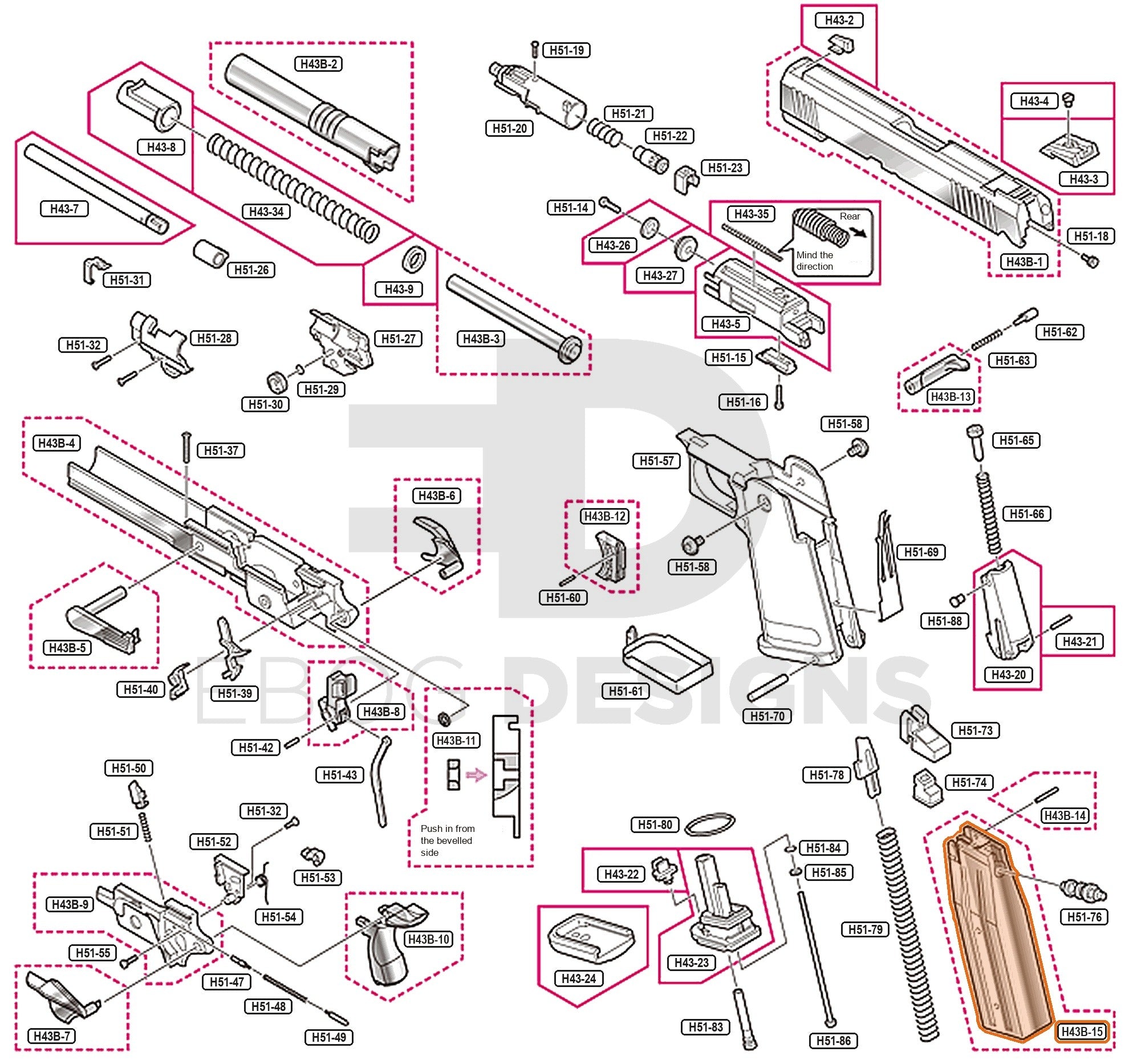 Full Tokyo Marui Hi-Capa 4.3 Dual Stainless parts diagram showing where the magazine case (part H43B-15) fits