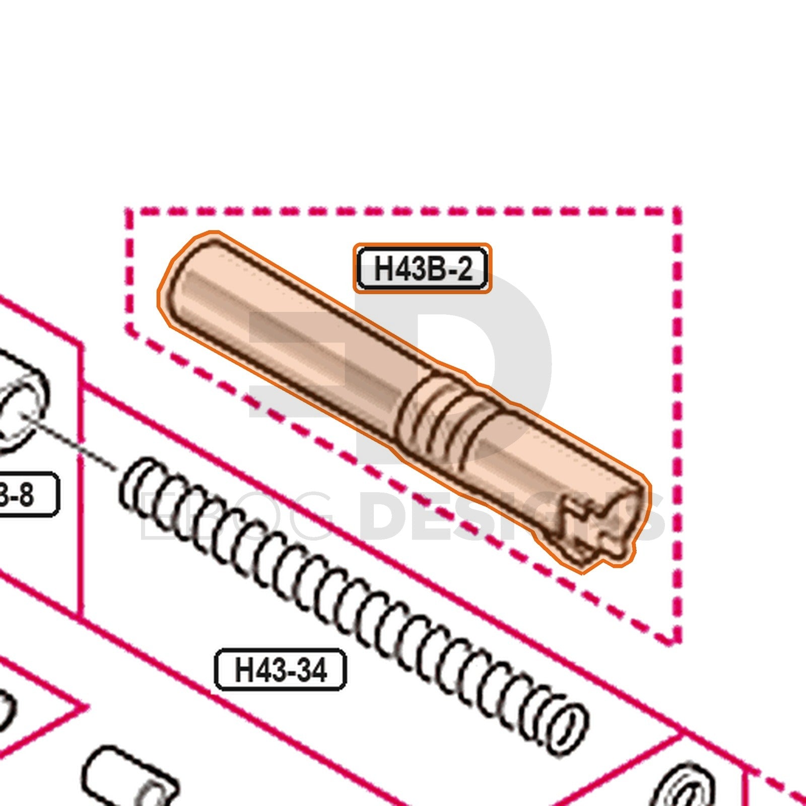 Tokyo Marui Hi-Capa 4.3 Dual Stainless parts diagram with the outer barrel, part H43B-2, outlined