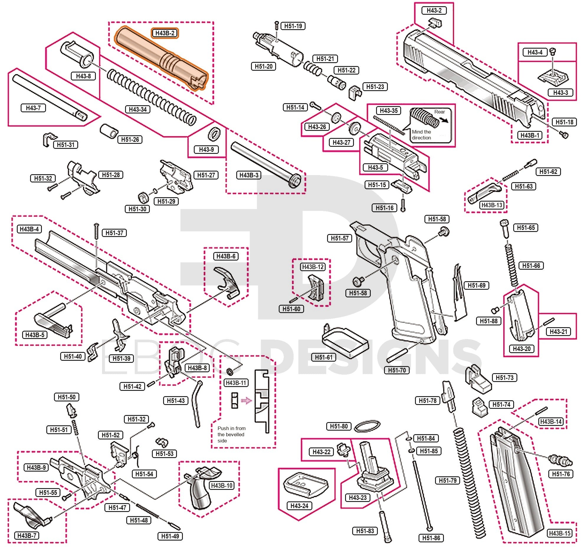Full Tokyo Marui Hi-Capa 4.3 Dual Stainless parts diagram showing where the outer barrel (part H43B-2) fits