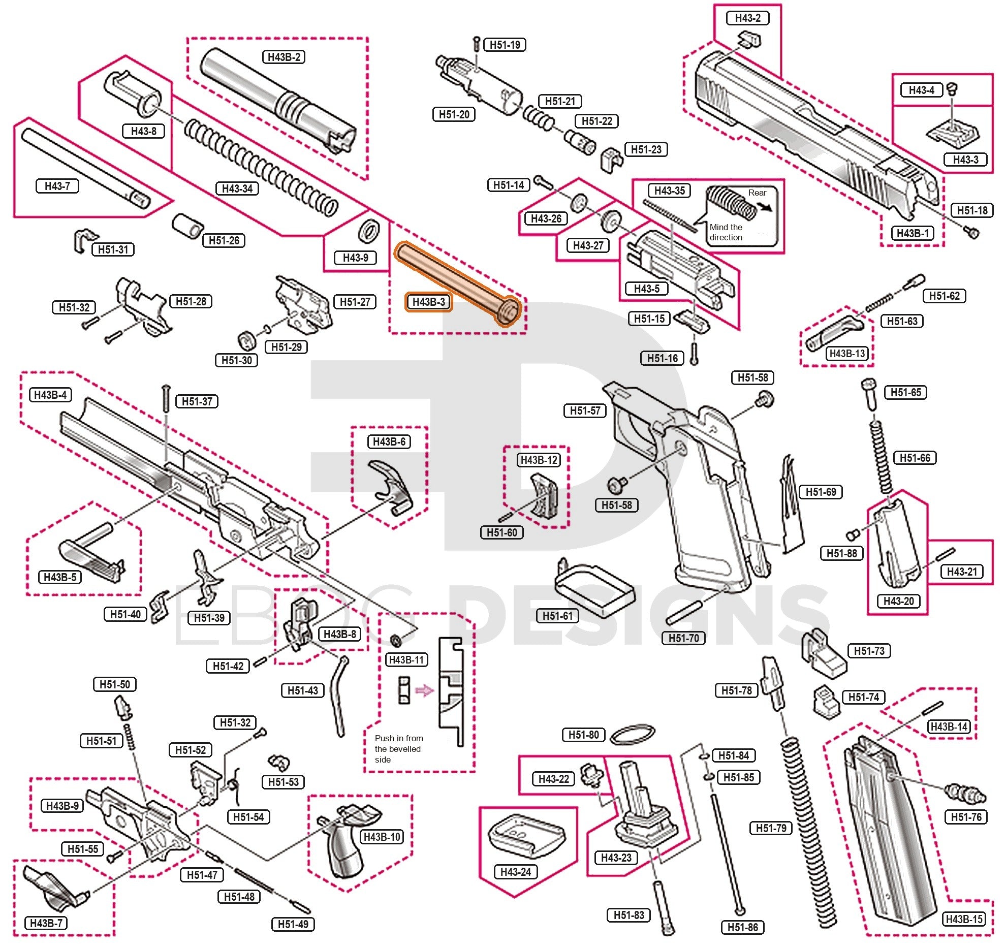Full Tokyo Marui Hi-Capa 4.3 Dual Stainless parts diagram showing where the recoil spring guide (part H43B-3) fits