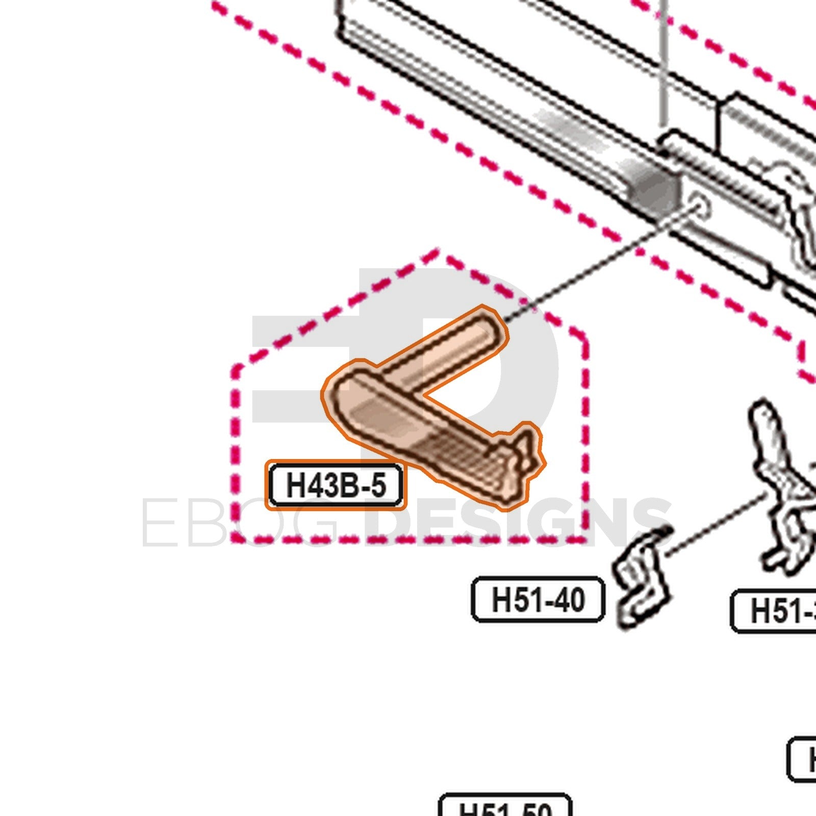 Tokyo Marui Hi-Capa 4.3 Dual Stainless parts diagram with the slide stop lever, part H43B-5, outlined