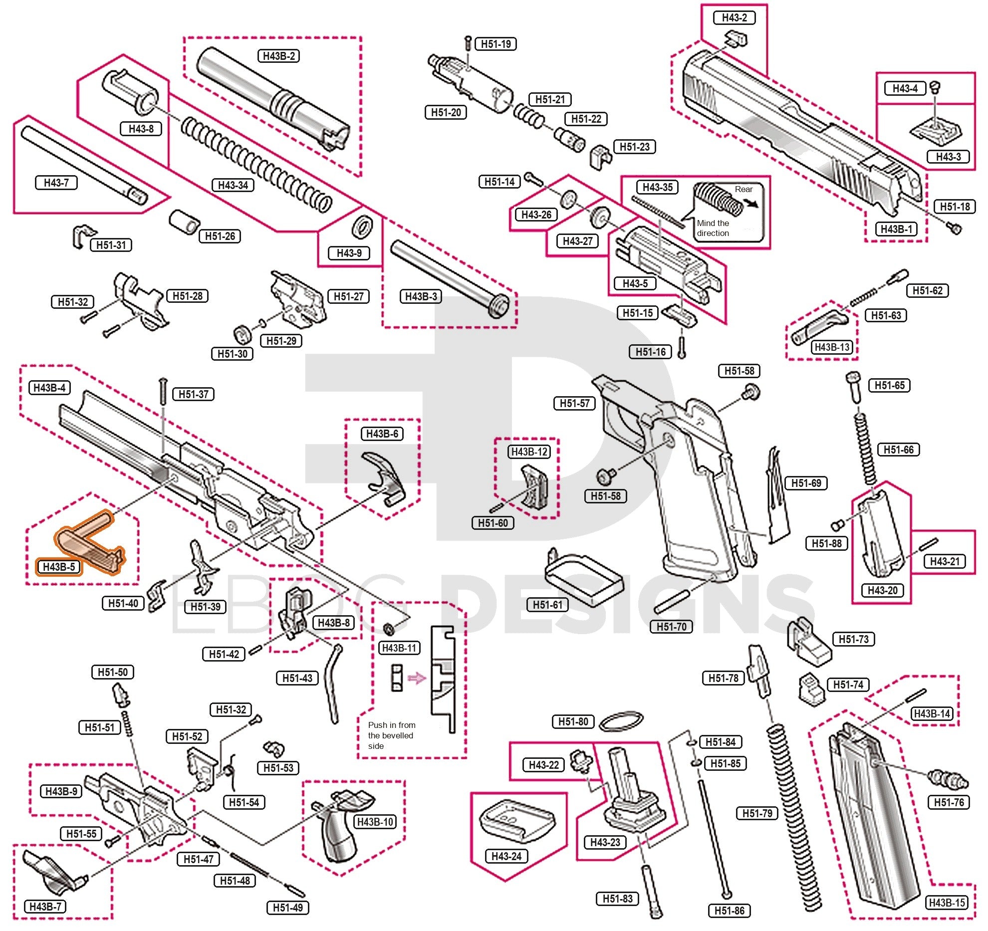 Full Tokyo Marui Hi-Capa 4.3 Dual Stainless parts diagram showing where the slide stop lever (part H43B-5) fits