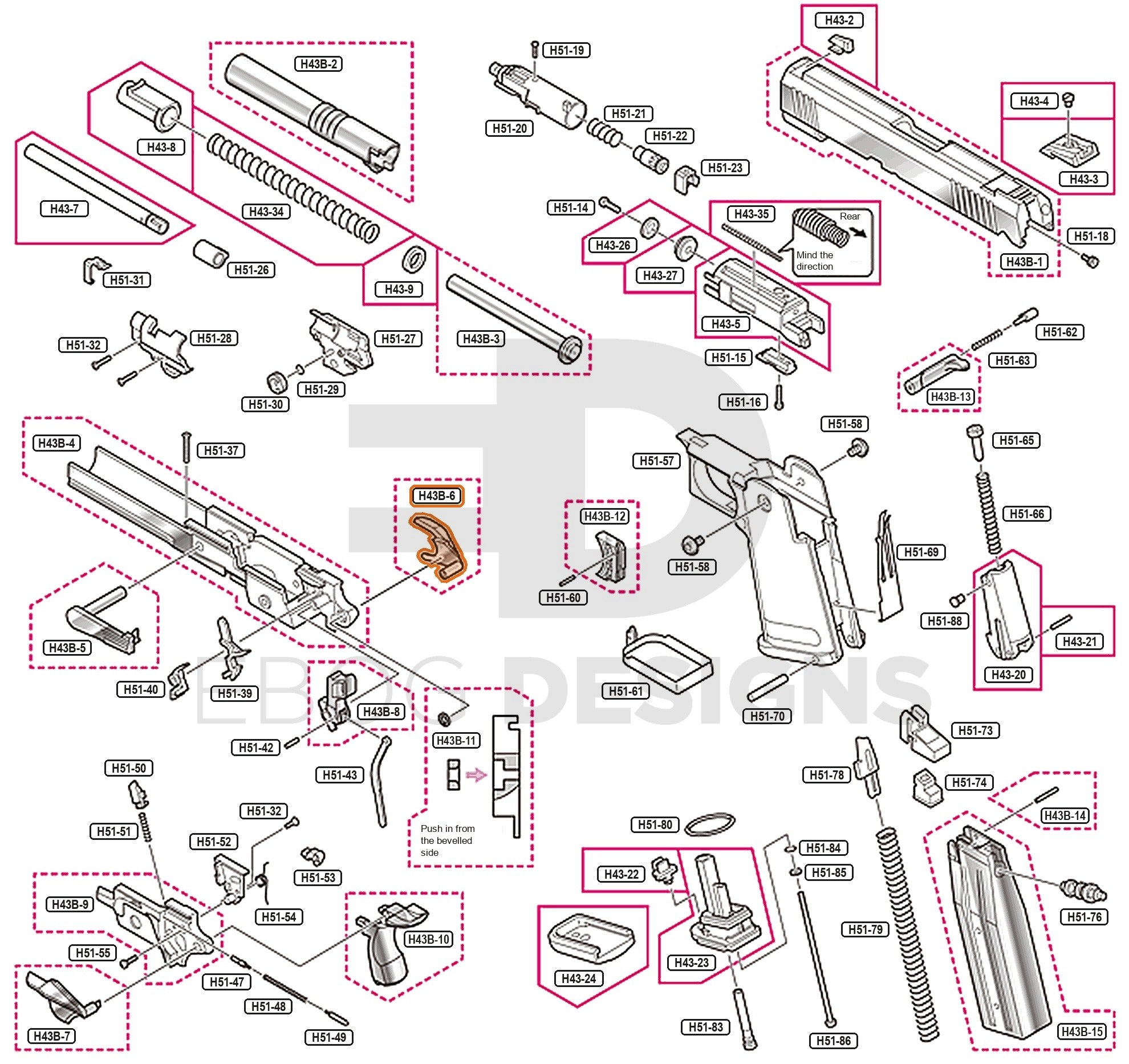 Full Tokyo Marui Hi-Capa 4.3 Dual Stainless parts diagram showing where the right thumb safety (part H43B-6) fits
