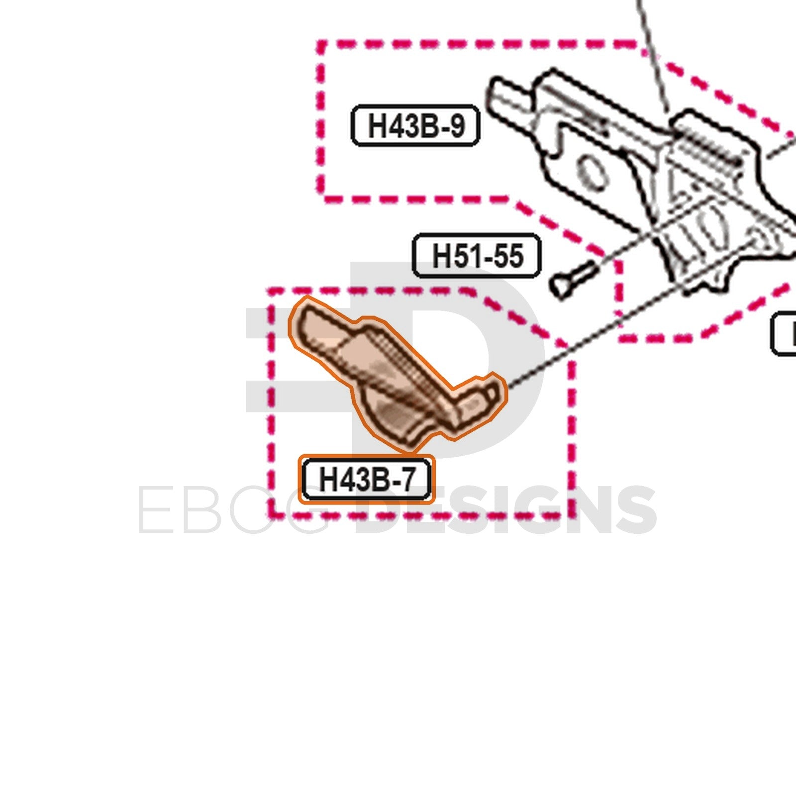 Tokyo Marui Hi-Capa 4.3 Dual Stainless parts diagram with the left thumb safety, part H43B-7, outlined