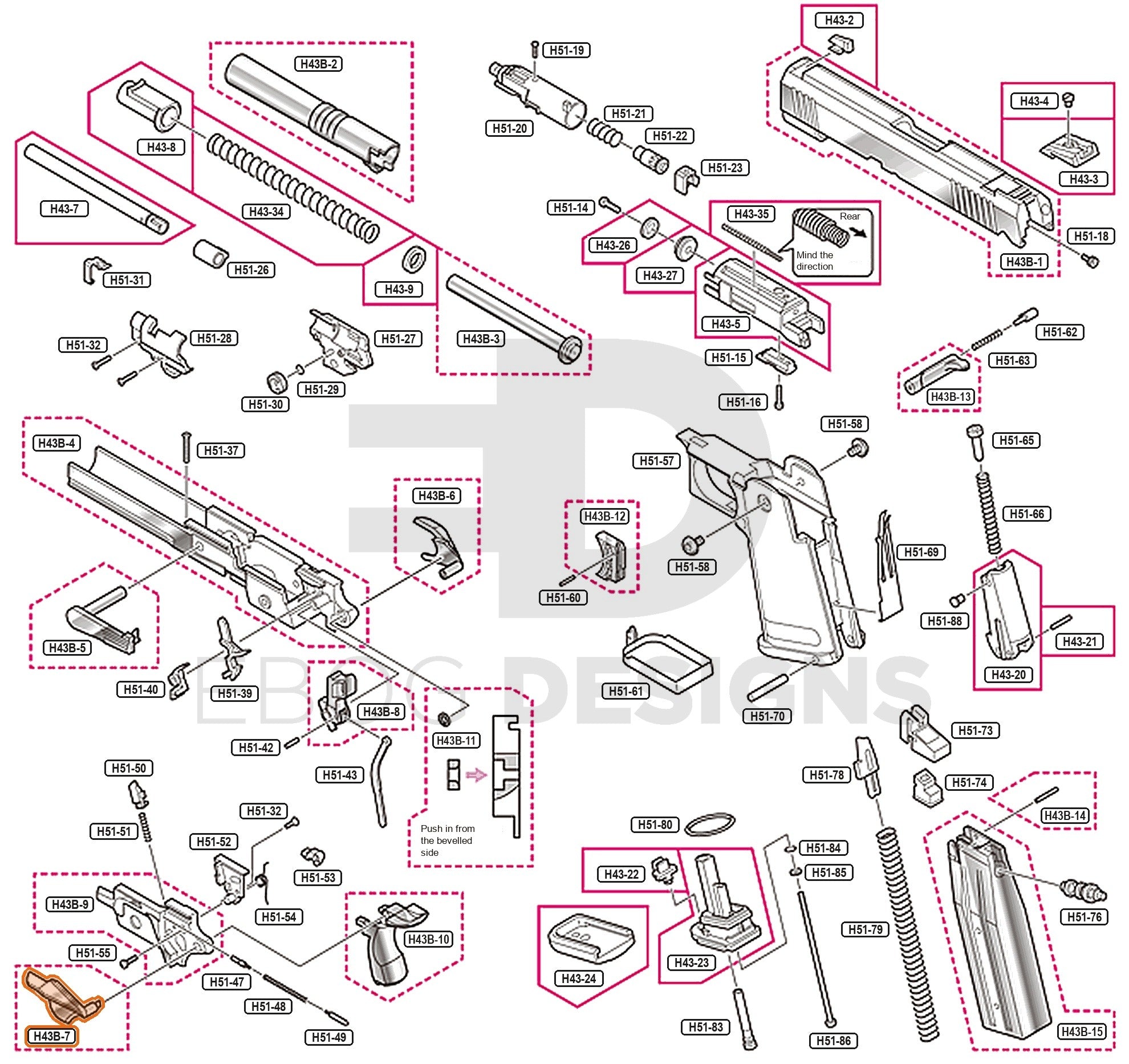 Full Tokyo Marui Hi-Capa 4.3 Dual Stainless parts diagram showing where the left thumb safety (part H43B-7) fits