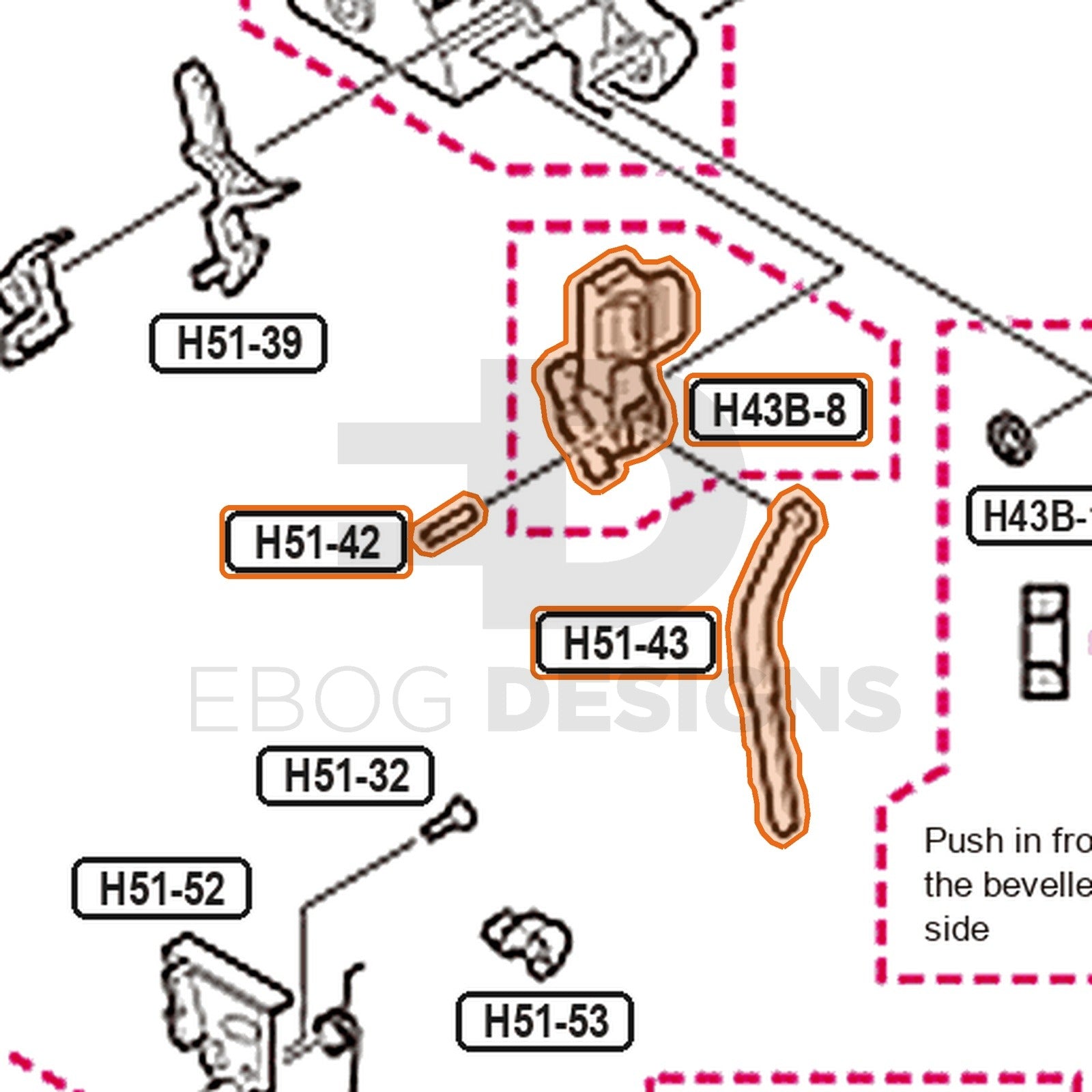 Tokyo Marui Hi-Capa 4.3 Dual Stainless parts diagram with the hammer assembly, parts H43B-8, H51-42 and H51-43, outlined