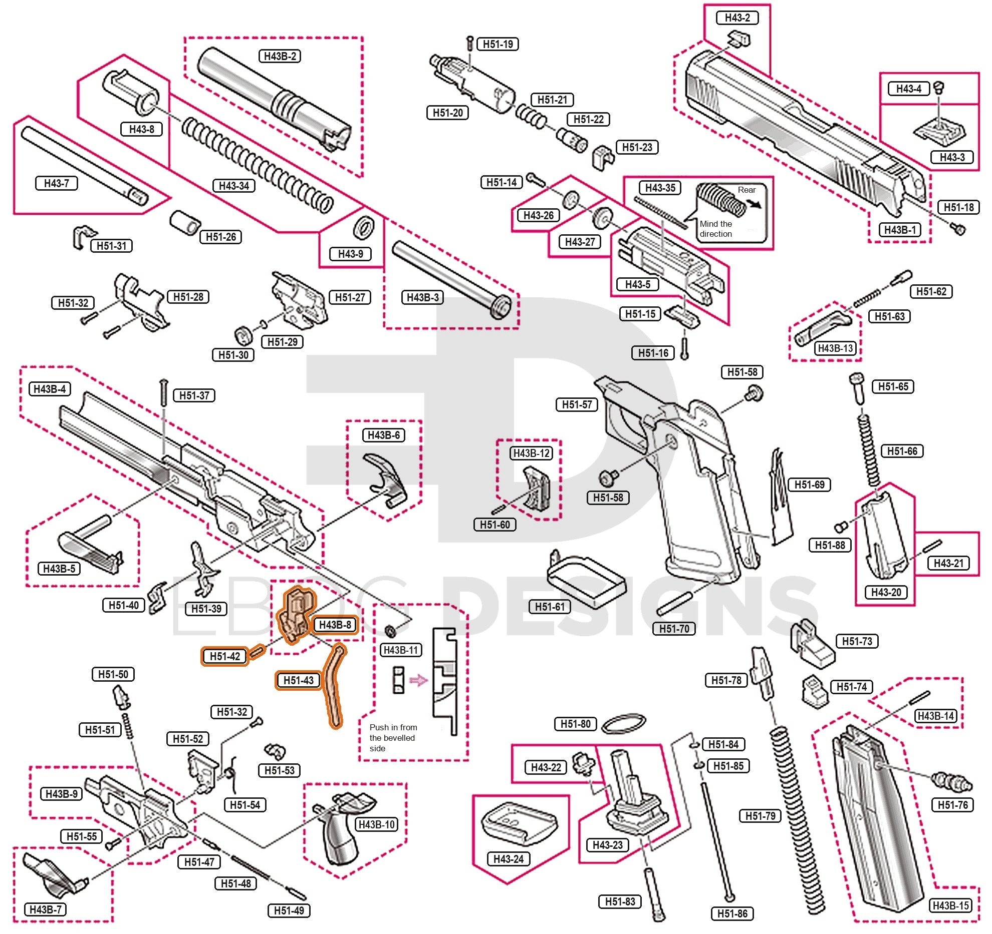 Full Tokyo Marui Hi-Capa 4.3 Dual Stainless parts diagram showing where the hammer assembly (parts H43B-8, H51-42 and H51-43) fits
