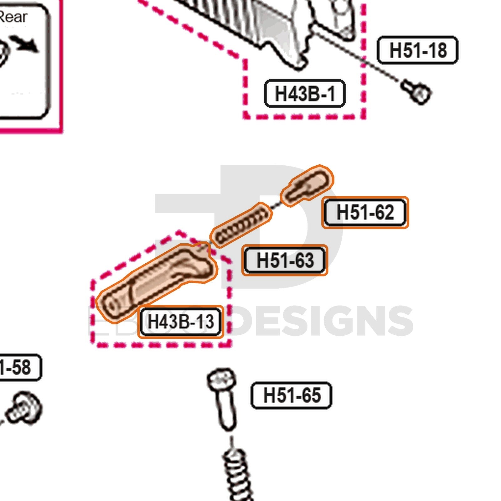 Tokyo Marui Hi-Capa 4.3 Dual Stainless parts diagram with the magazine release, parts H43B-13, H51-62 and H51-63, outlined