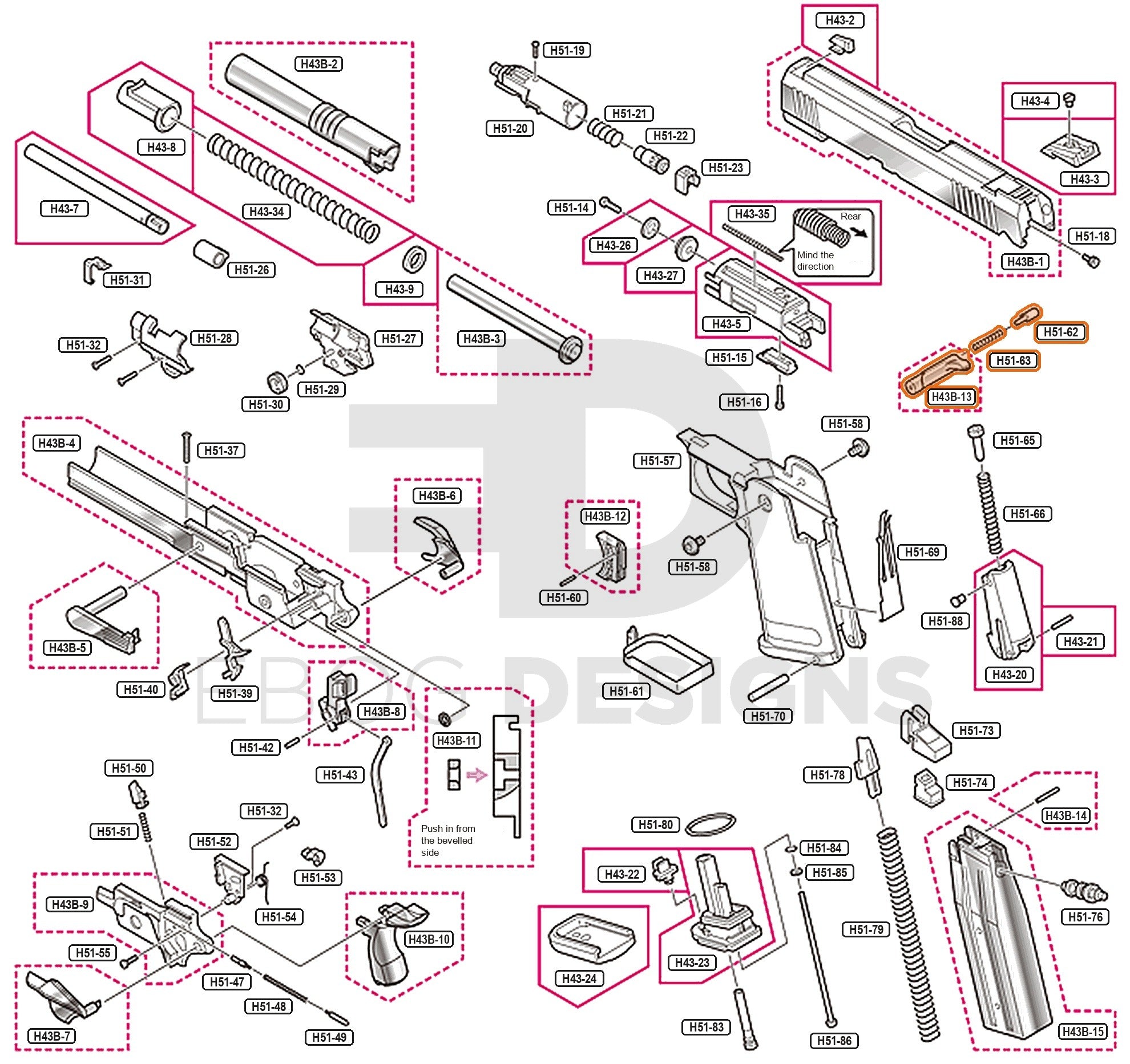 Full Tokyo Marui Hi-Capa 4.3 Dual Stainless parts diagram showing where the magazine release (parts H43B-13, H51-62 and H51-63) fits