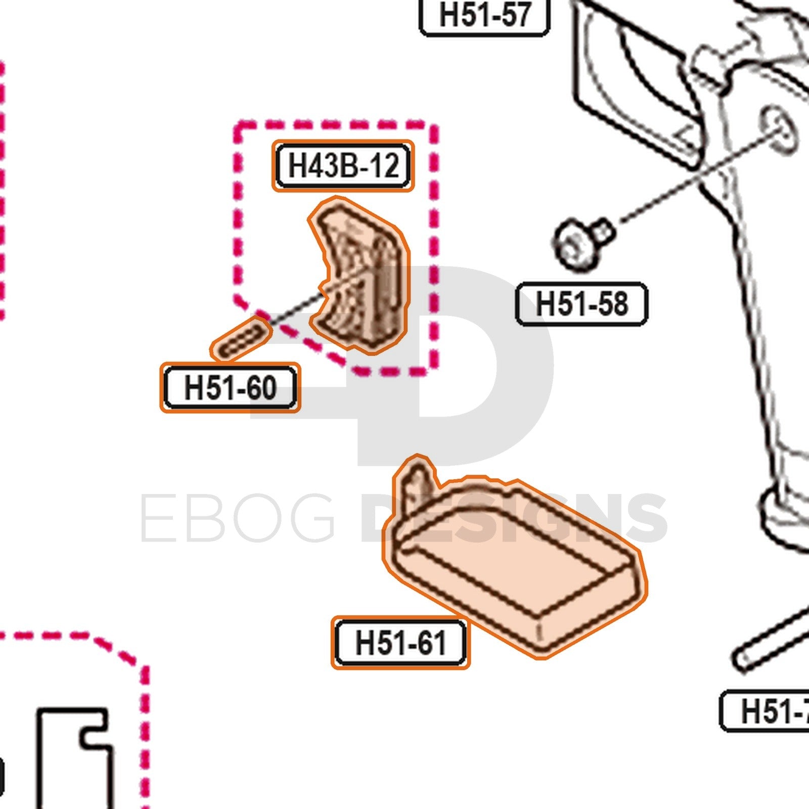 Tokyo Marui Hi-Capa 4.3 Dual Stainless parts diagram with the trigger and bar, parts H43B-12, H51-60 and H51-61, outlined