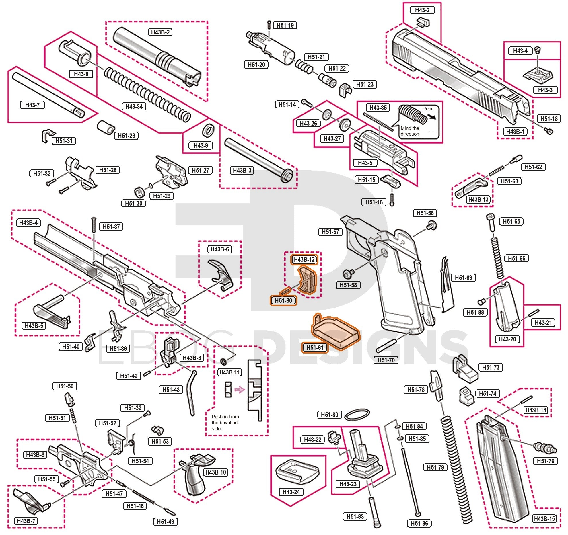 Full Tokyo Marui Hi-Capa 4.3 Dual Stainless parts diagram showing where the trigger and bar (parts H43B-12, H51-60 and H51-61) fits