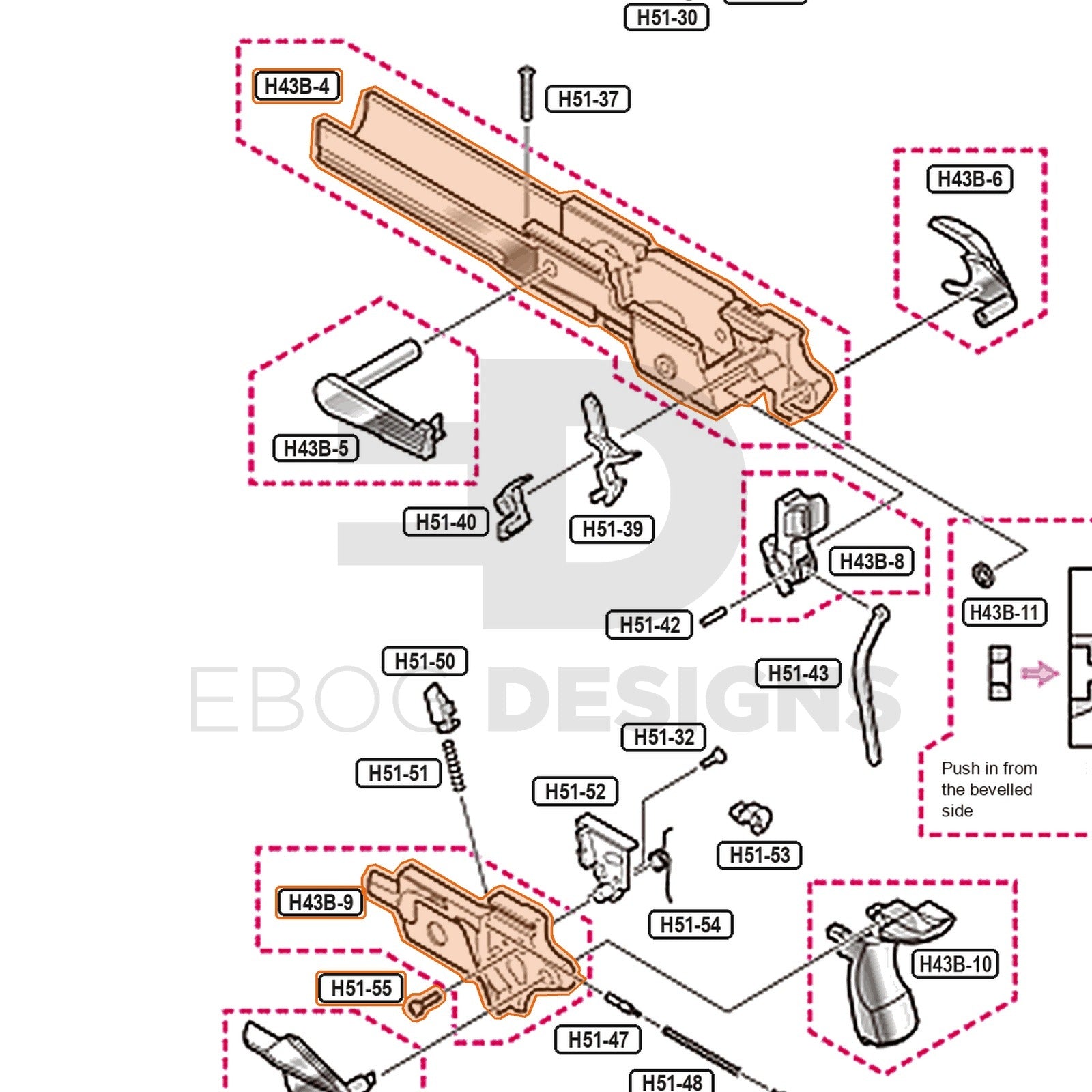 Tokyo Marui Hi-Capa 4.3 Dual Stainless parts diagram with the upper frame set, parts H43B-4, H43B-9 and H51-55, outlined