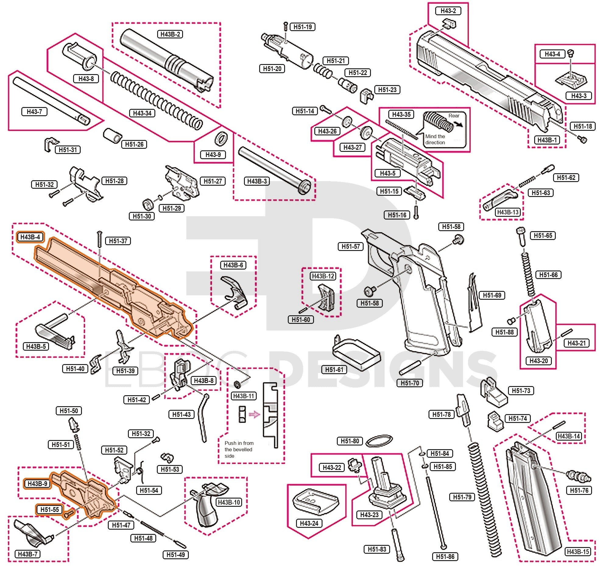 Full Tokyo Marui Hi-Capa 4.3 Dual Stainless parts diagram showing where the upper frame set (parts H43B-4, H43B-9 and H51-55) fits
